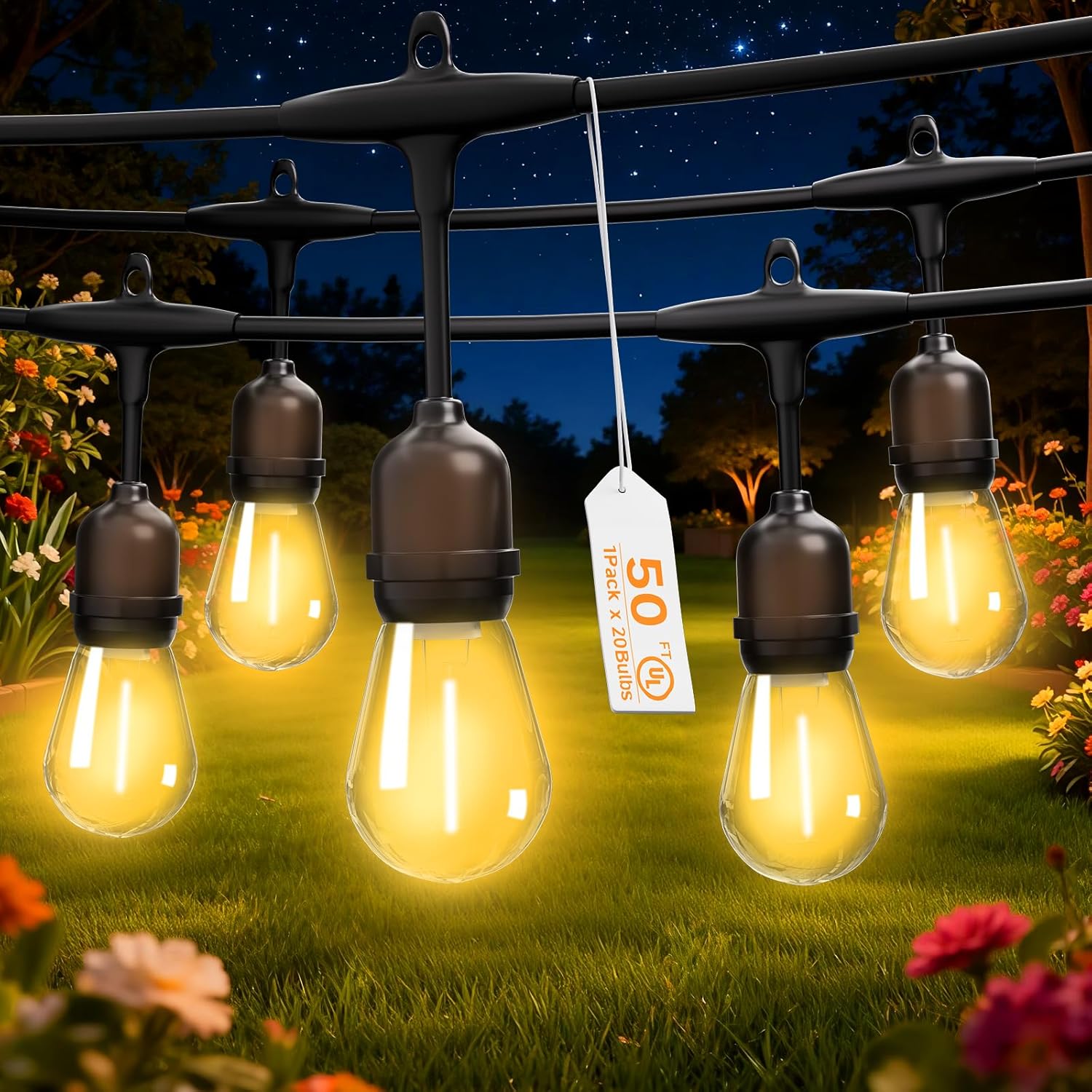 Outdoor Safety String Lights 50FT - Commercial Grade Low Voltage Strand with 20 S14 Shatterproof Bulbs for Tree Garden Yard bistro Cafe | Warm Yellow 3500K Party Lights | IP65 Waterproof | UL Listed