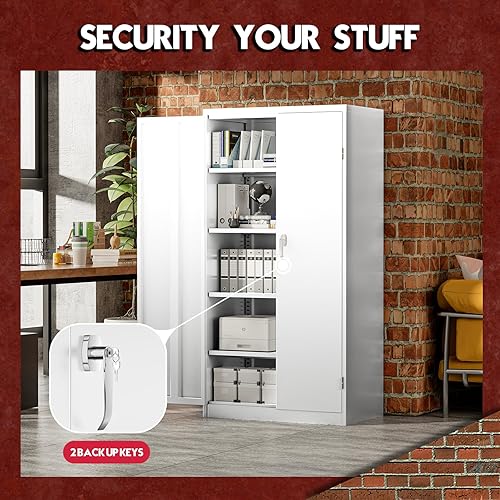 Miniatura 5 de Pataku Armarios de almacenamiento de garaje, gabinete de metal blanco con puertas y estantes de bloqueo, gabinete de herramientas de acero de 72 x
