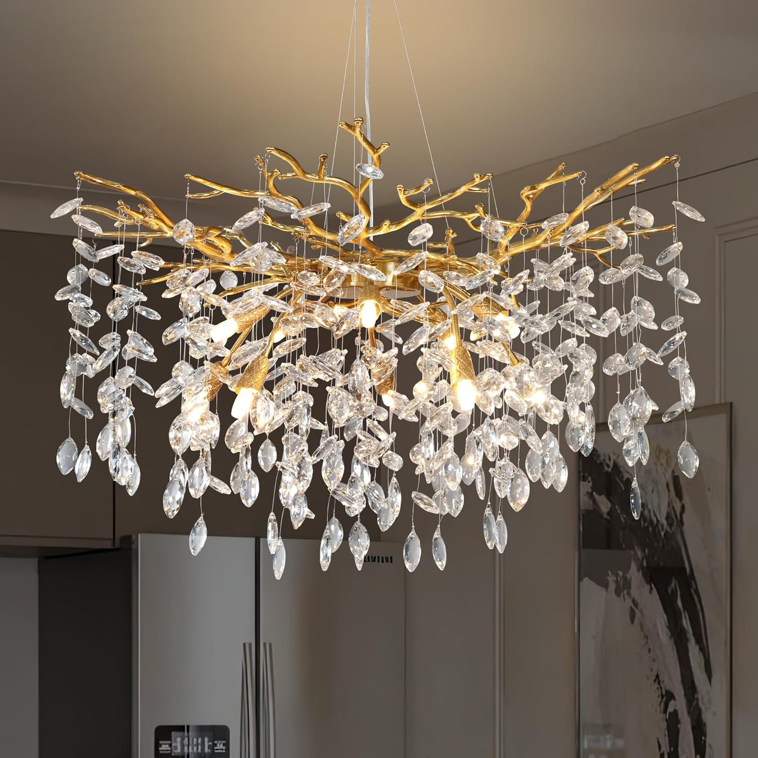 YUYI Modern Crystal Chandelier, 30" Gold Tree Branch Chandelier, 10-Lights Round Raindrop Chandeliers for Dining Room, Kitchen, Living Room, Foyer, Bedroom, Luxury K9 Crystals Pendant Light Fixtures