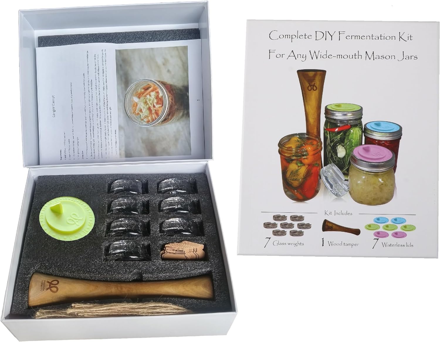Canning kit. Complete DIY fermentation kit for wide mouth mason jars or pickling jars for 7 sets. Glass weights, tamper, airlock lids, and recipe included.