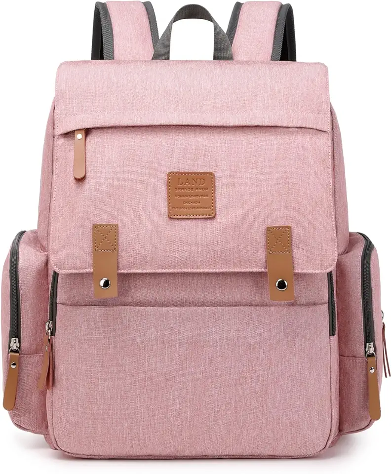 Mochila Maternidade de Couro Impermeável com Gancho para Carrinho e Trocador, Bolsa Maternidade Luxo Grande Capacidade Multifuncional para Bebê Viagem LAND GRANDE AMOR LUXURY2.0 (Rosa)