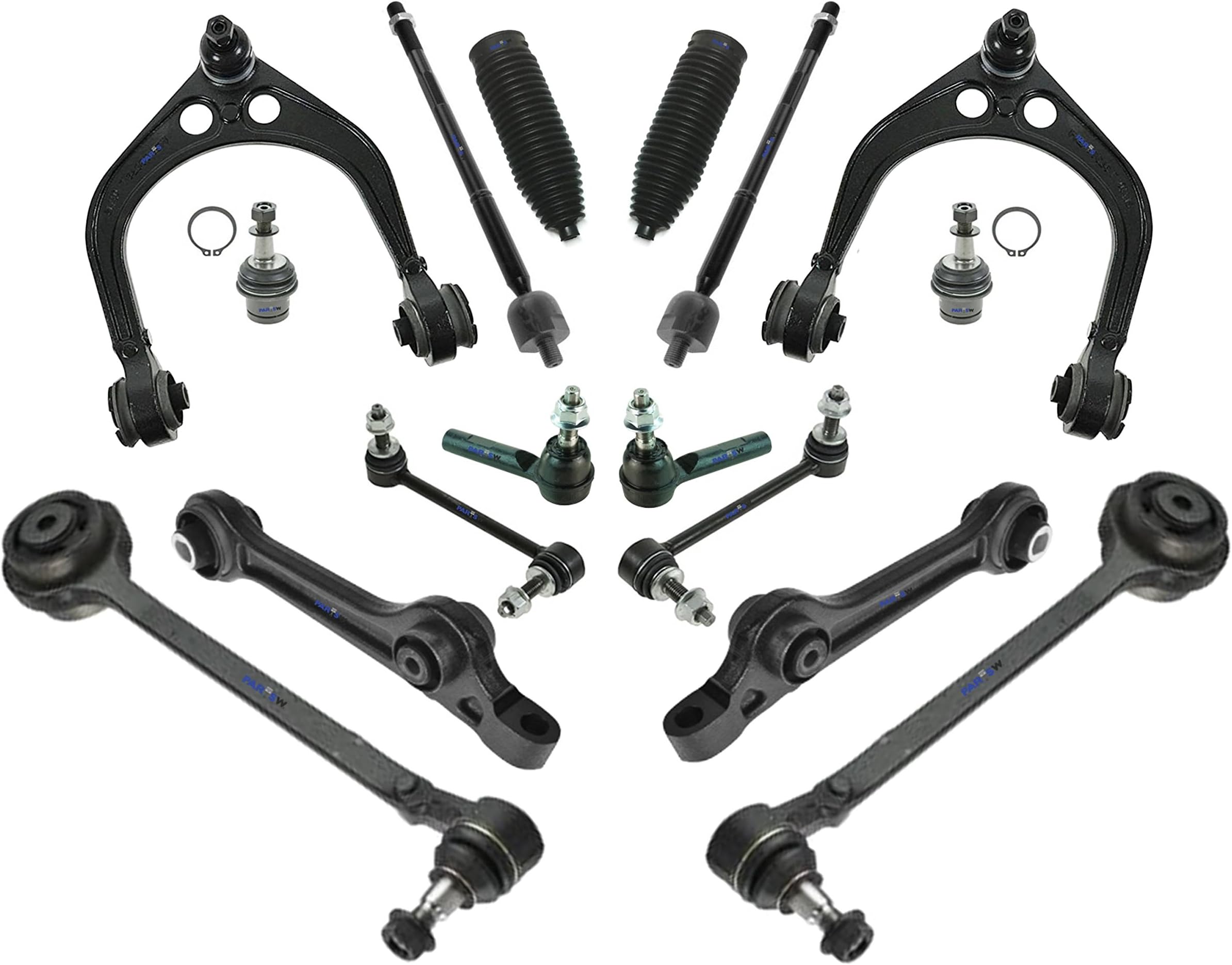 PartsW - 16 Pc Complete Suspension Kit Control Arms & Ball Joints Assembly, Sway Bar End Link, Rack & Pinion Bellow Boots fits Chrysler/Dodge