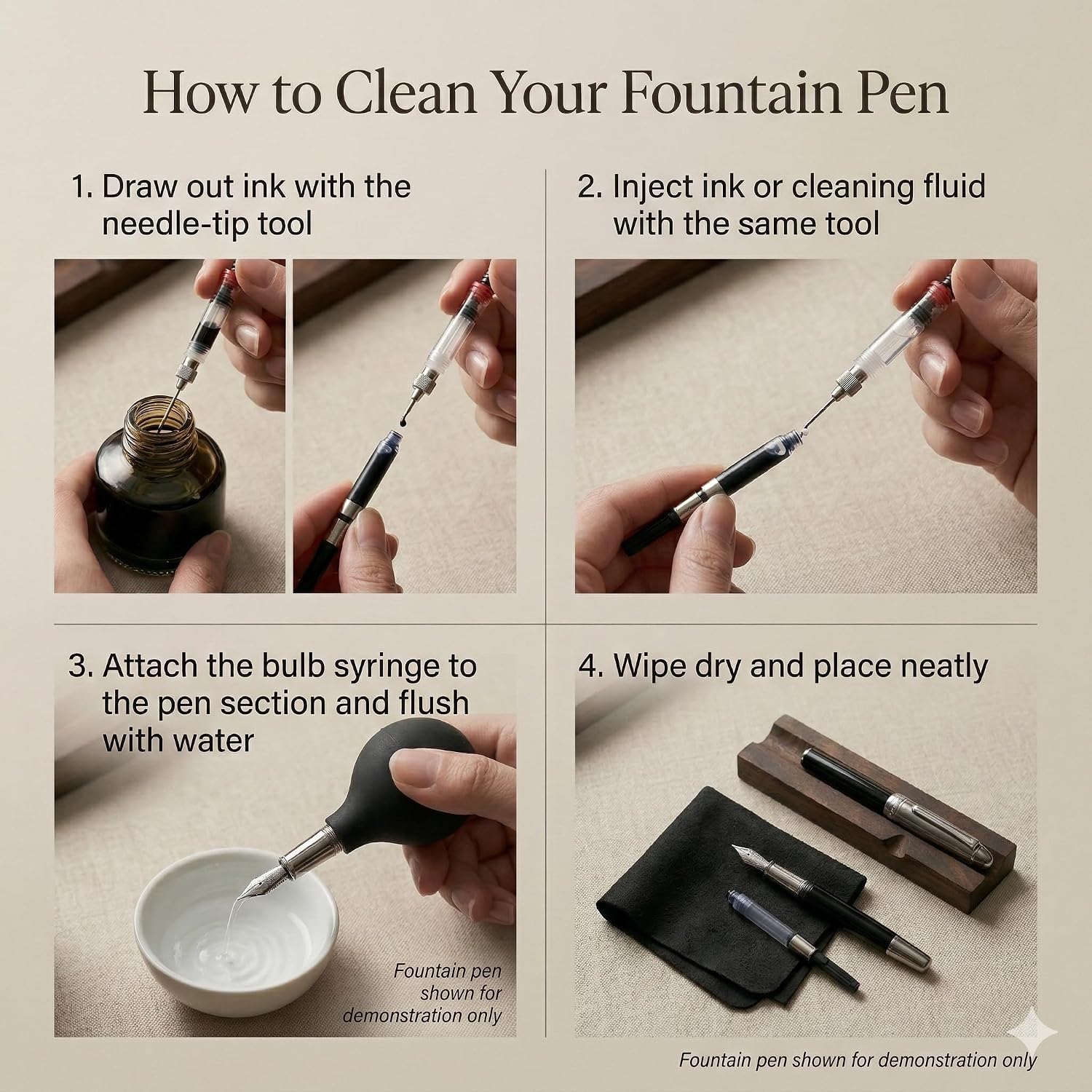 Fountain Pen Cleaning Kit with Black Walnut Pen Rest, 2 Ink Filling Tools, Premium Cleaning Cloth and Rubber Cleaning Bulb, Fountain Pen Maintenance Set for Flushing, Filling and Daily Pen Care