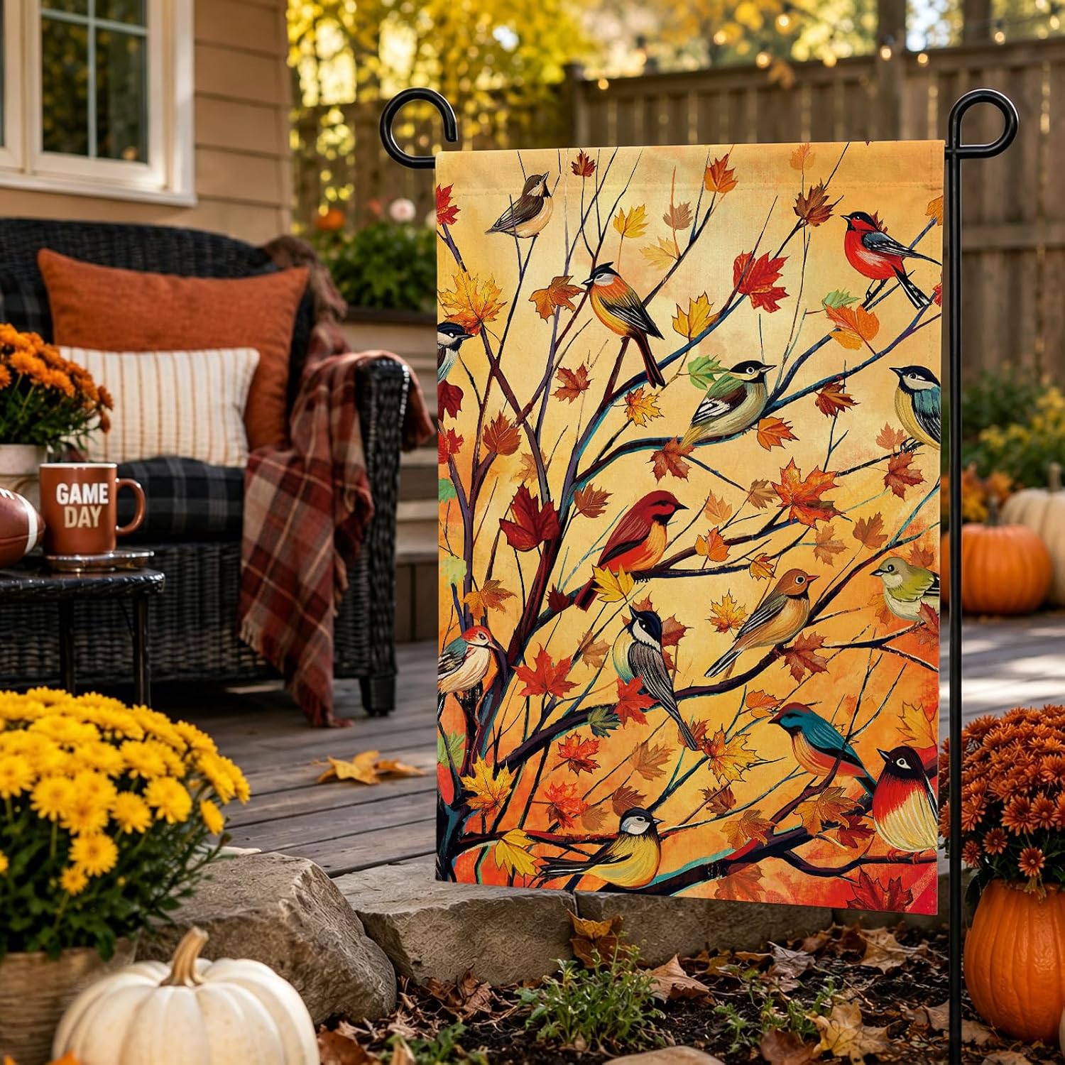 Louise Maelys Welcome Fall Garden Flag 12x18 Double Sided, Small Burlap Autumn Maple Tree Birds Thanksgiving Outside Outdoor House Yard Decor