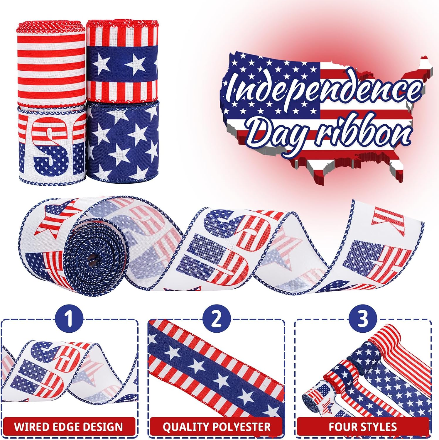 AnyDesign Patriotic Wired Edge Ribbon 24 Yards USA Flag Stars Stripes Fabric Ribbon 4th of July Decorative Wrapping Ribbons for 250th Anniversary Independence Day Wreath Bow Making DIY Crafts, 4 Roll