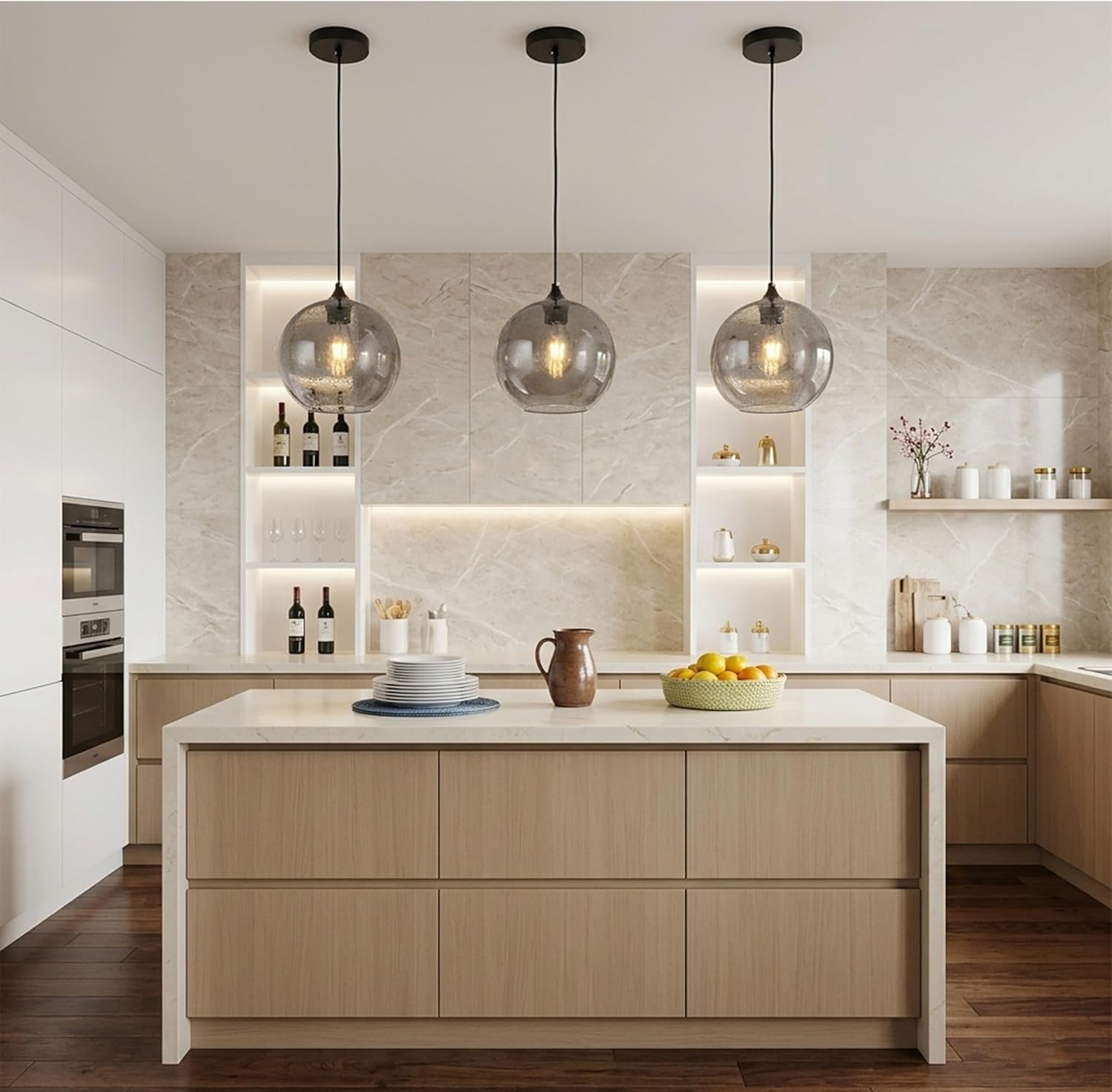 Modern Smoke Grey Seeded Large Glass Globe Pendant Light for Kitchen Island, 11.8" Globe Hand-Blown Bubble Glass Pendant Lighting, Black Hardwired Hanging Ceiling Light Fixture for Dining Room