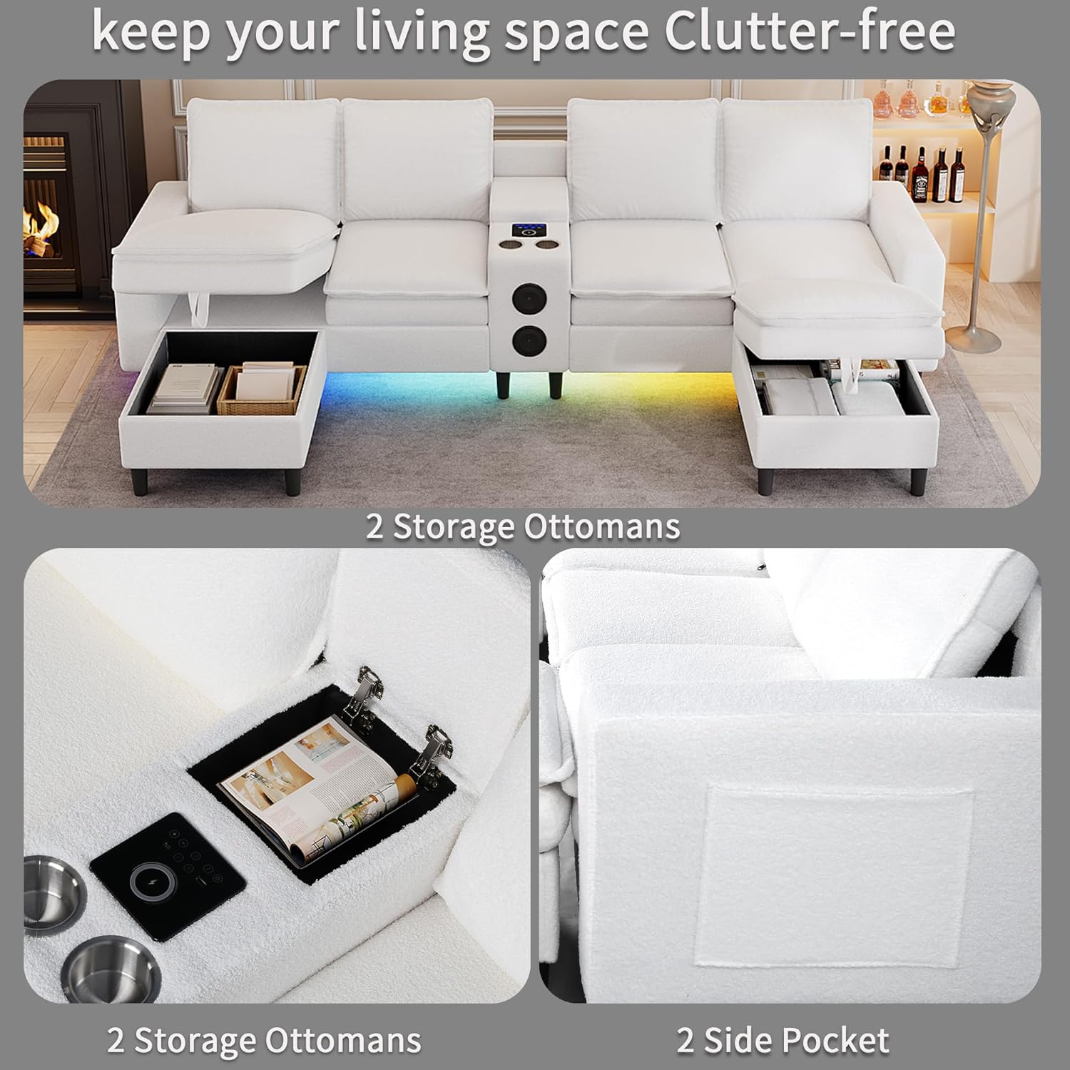 The sofa showing the two storage ottomans with their lids open, revealing internal storage space, and a side pocket on the armrest.