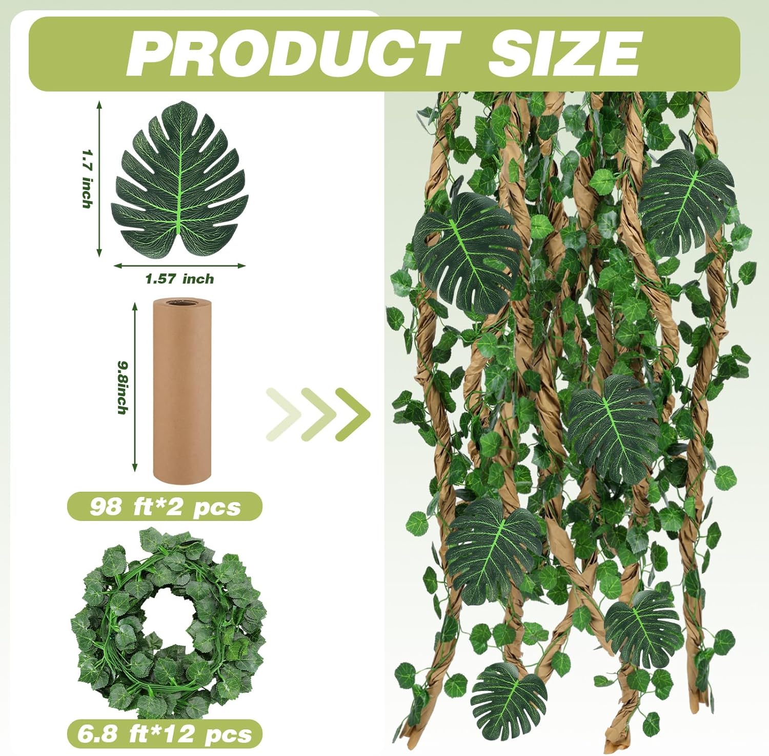 1 Set Jungle Theme Party Decoration Vine for Room Decor Safari Rainforest Leaf with 98 ft Kraft Paper Artificial Ivy Greenery Garland Fake Tropical Palm Leaf Garden Indoor Classroom (Modern)