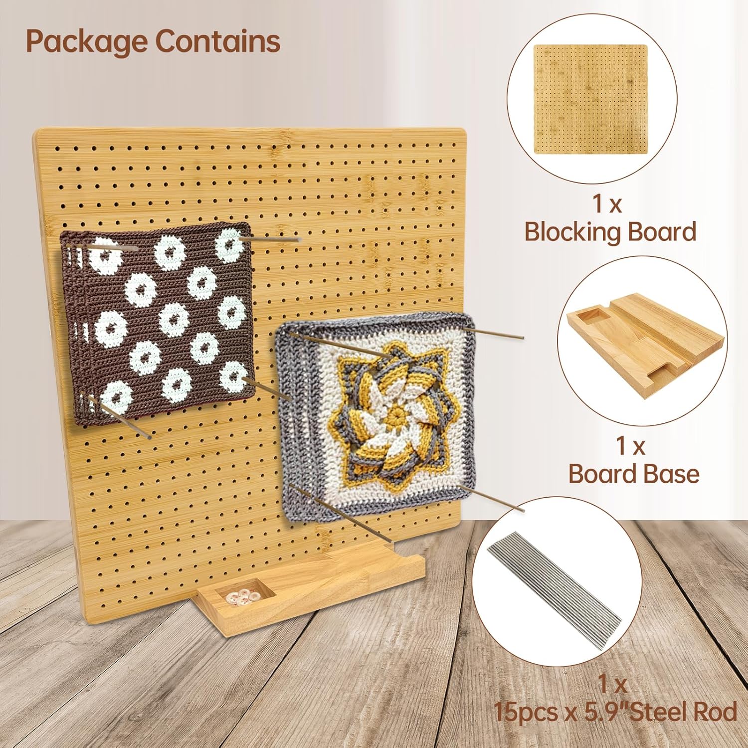 Yikaroeli 15" x15'' Crochet Square Blocking Board for Crochet Projects with 15 Stainless Steel Rods with Pegs, Granny Gifts for Mothers, Grandmothers, Knitting Enthusiast