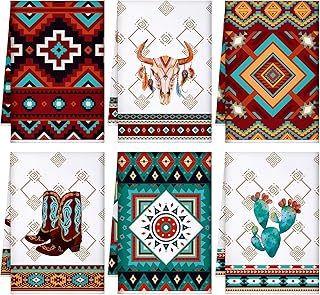 Set of 6 Southwestern Kitchen Towels Boho Aztec Theme Dishtowel Native A...