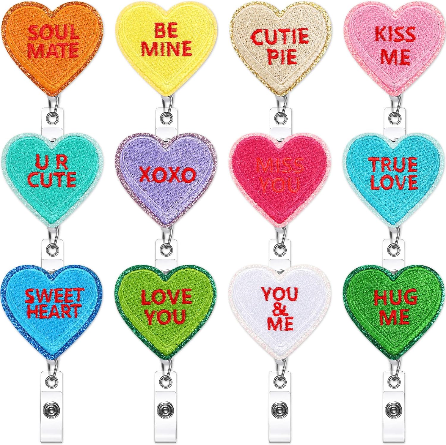 Crtiin 24 Pcs Valentine's Badge Reel Heart Love Felt Conversation Badge Clip Retractable with ID Clip Name Tag Card for Nurse Teacher Worker Gifts