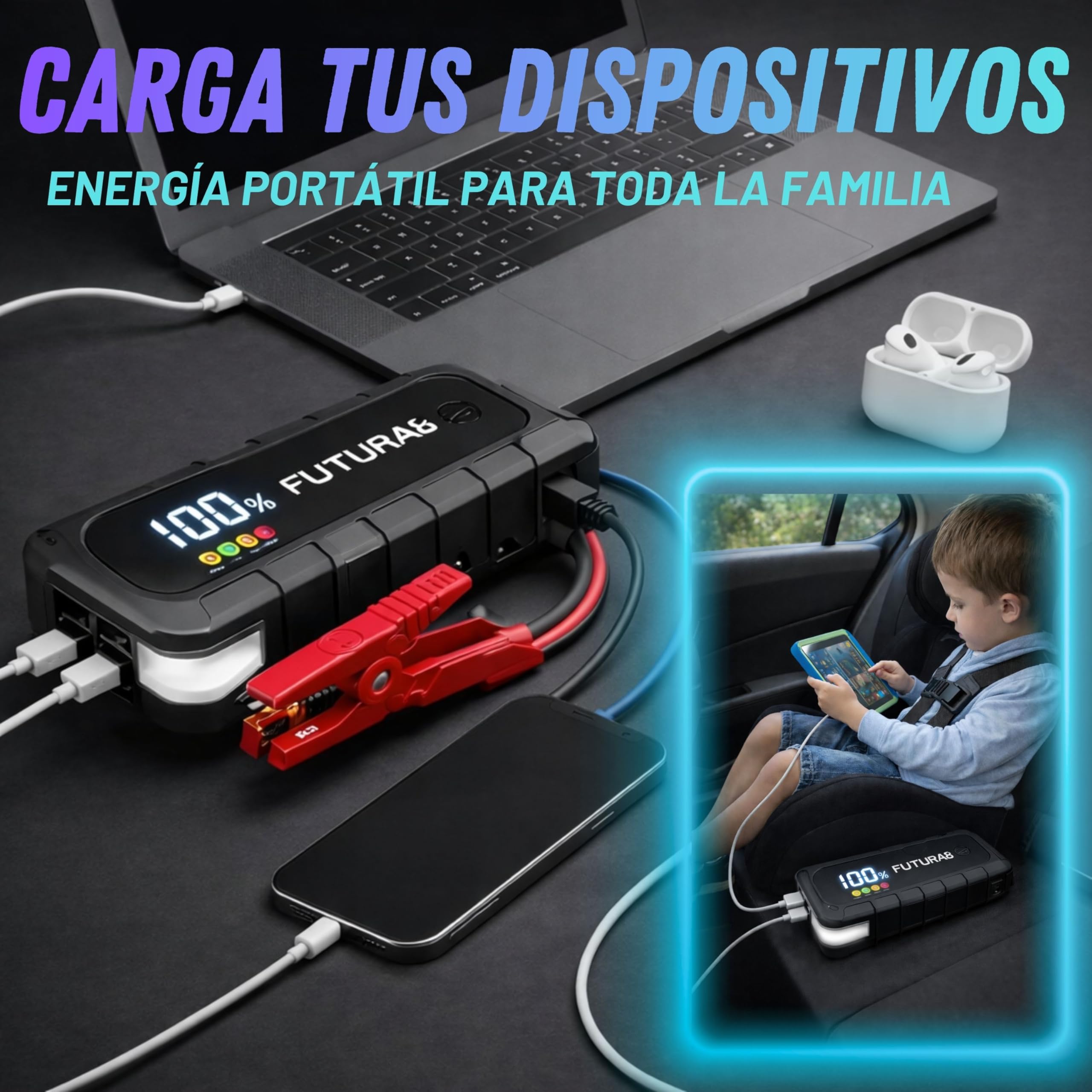 Arrancador de Baterias de Coche 4000A, Jump Starter 12V 24000mAh, Todo Gasolina y Diésel 8L, Coche y Moto, Power Bank USB-C, Linterna LED SOS, Pinzas Antichispas, Cargador y Funda Incluidos