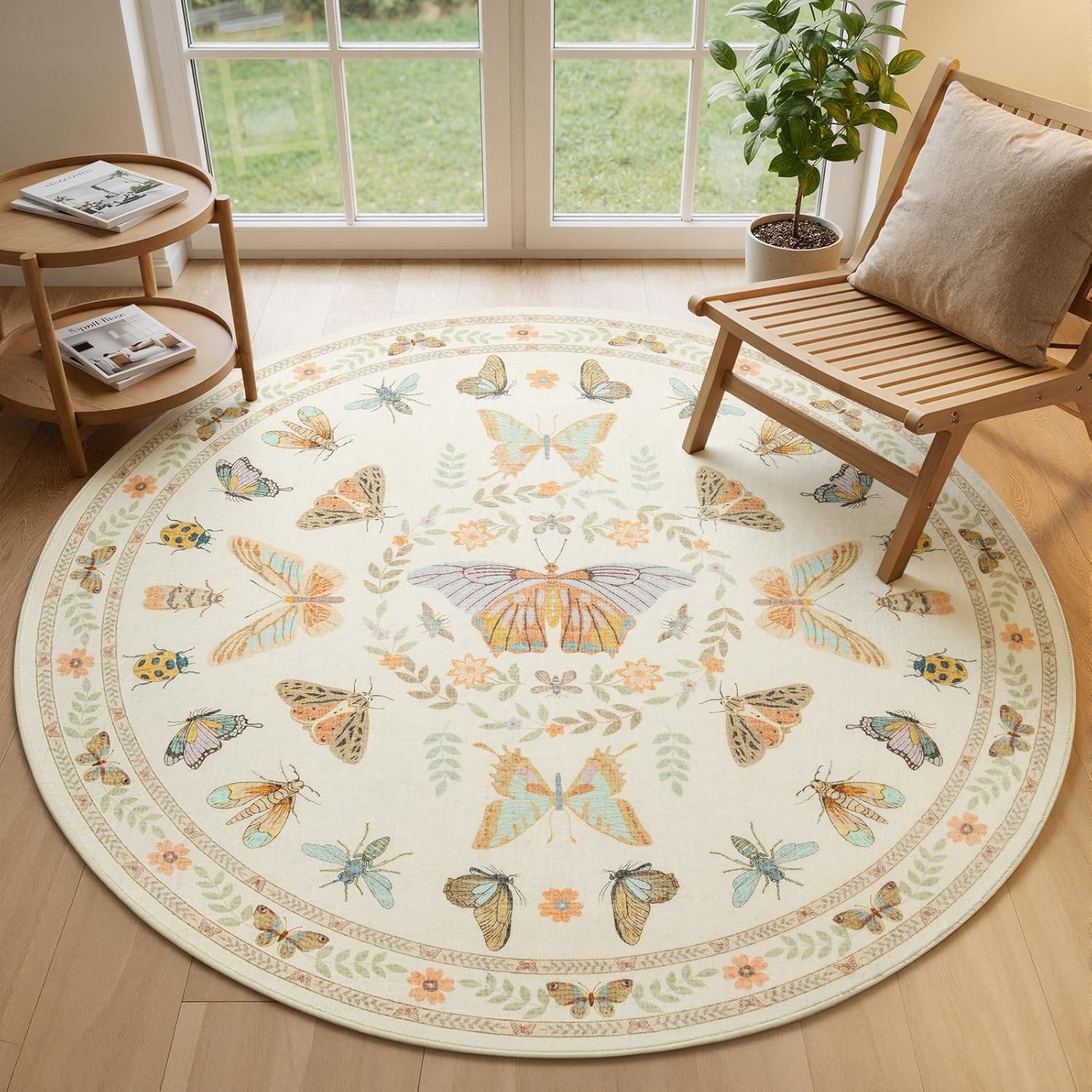 Unirea 4ft Round Cream Insect Circle Rug, Washable Non Slip Area Bug Rug for Entryway, Kitchen, Bedroom, Bathroom, Nursery, Living Room, Thin Soft Circular Rugs Indoor Décor, Low Pile Carpet