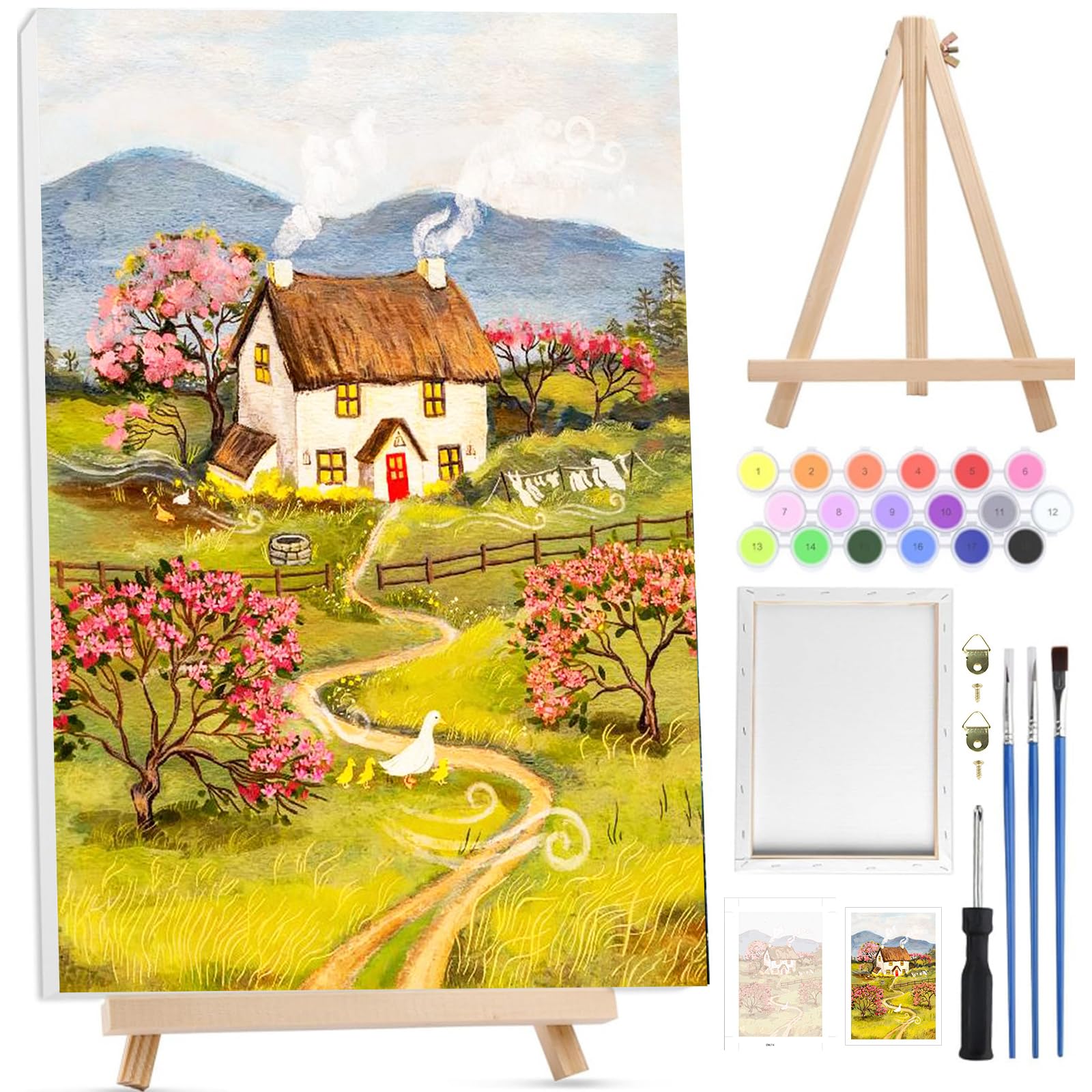 Bowetile Easter Paint by Numbers for Adults with Framed Canvas&Wooden Easel,Village Painting by Number Kit for Adults Beginners Canvas Kit,Color Oil Painting Acrylic Paints for Home Wall Decor20x30cm