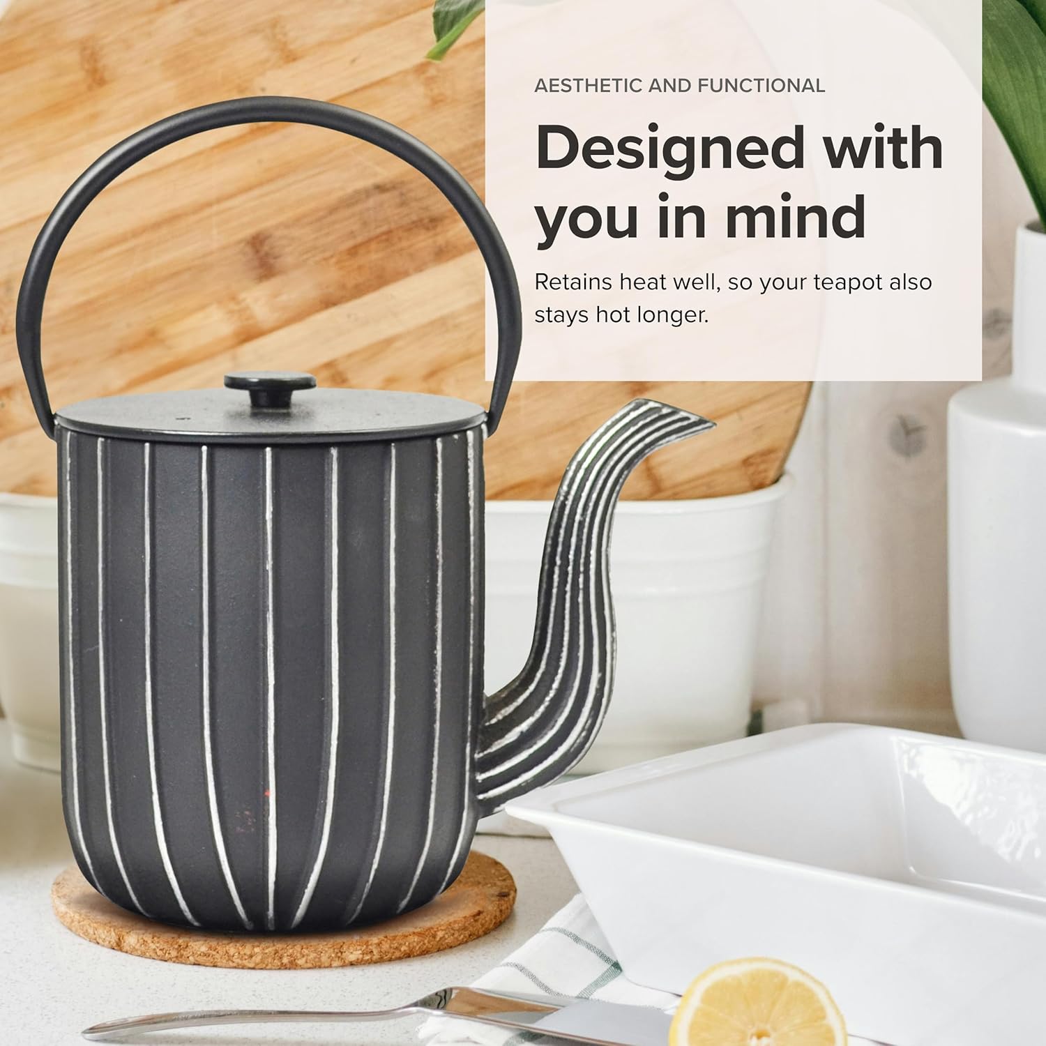 Frieling Ja by Mariage Cast Iron Teapot & Trivet with Stainless Steel Tea Infuser - 34 Ounce, Black/Silver - Tea Kettle for Stovetop - Stainless Steel Kettle Stovetop