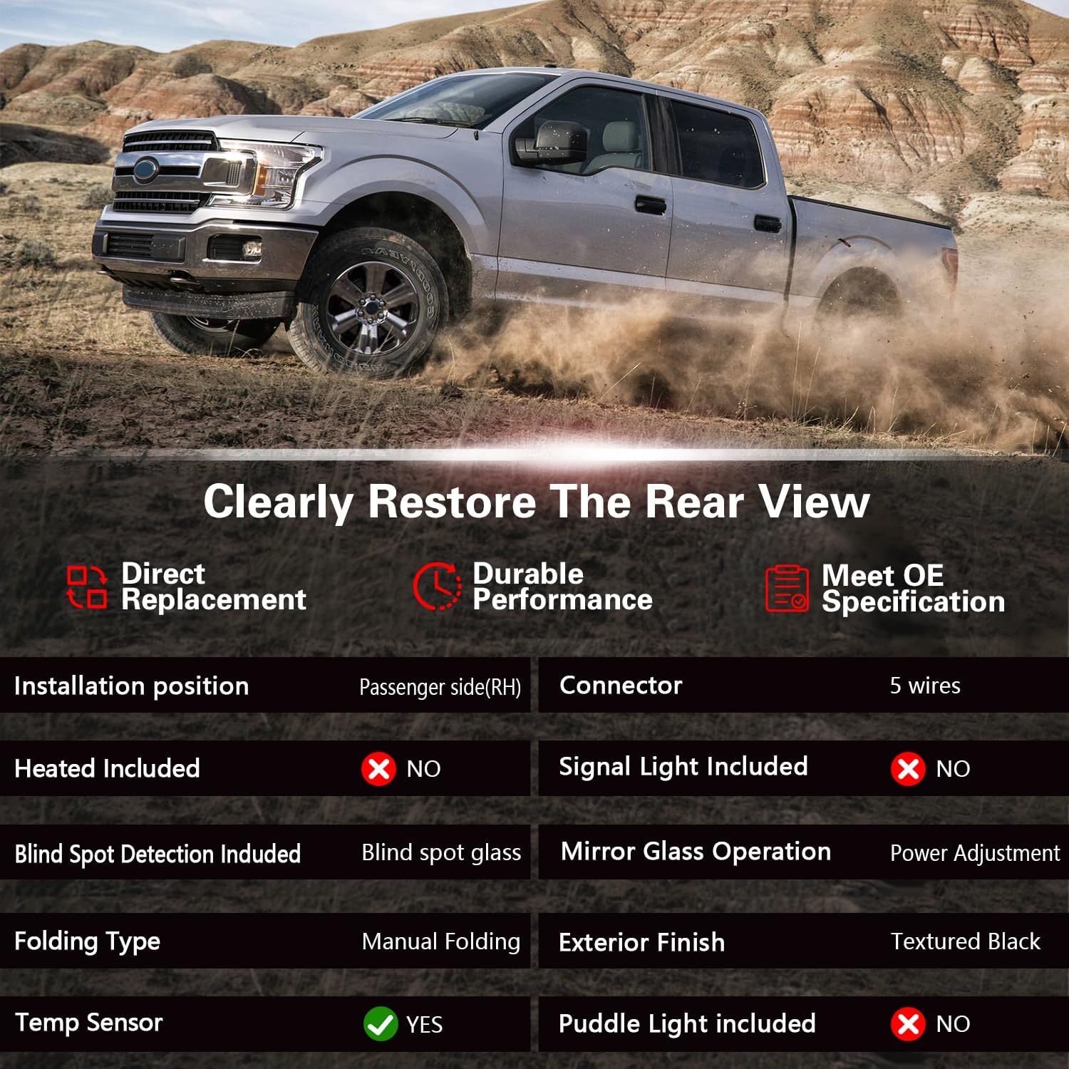 Marretoo for Ford F150 Side Mirror replacement Right Passenger for 2015-2020 F-150 Accessories 5 pins Power Glass Temperature Sensor Non-Heated Black Blind Spot Glass (POWER, Passenger Side(RH))