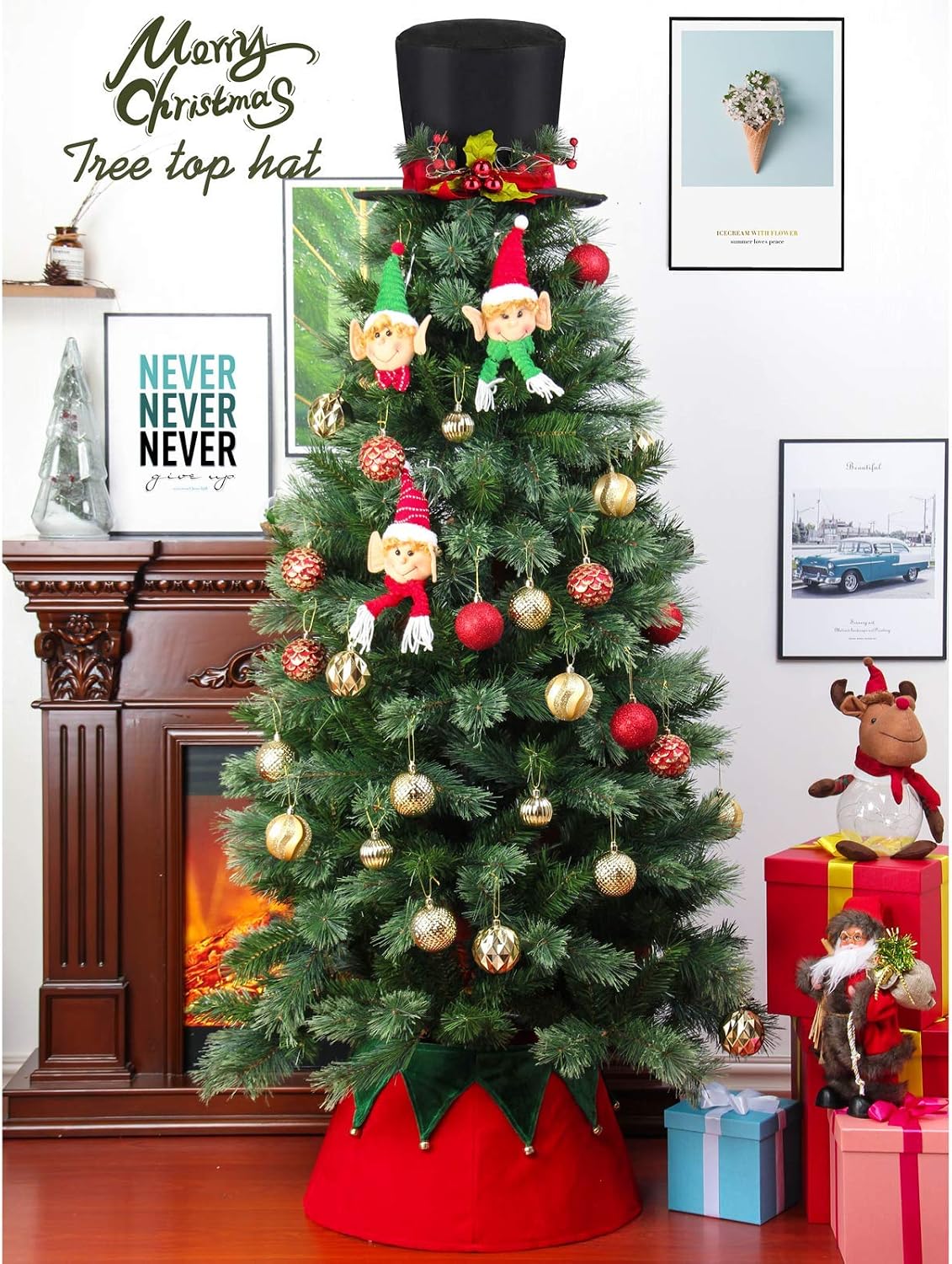 Yomikoo Christmas Tree Topper, Black Holly Top Hat Ornament Tree Decoration for X'Mas/Holiday/Winter Wonderland Party Decoration Supplies