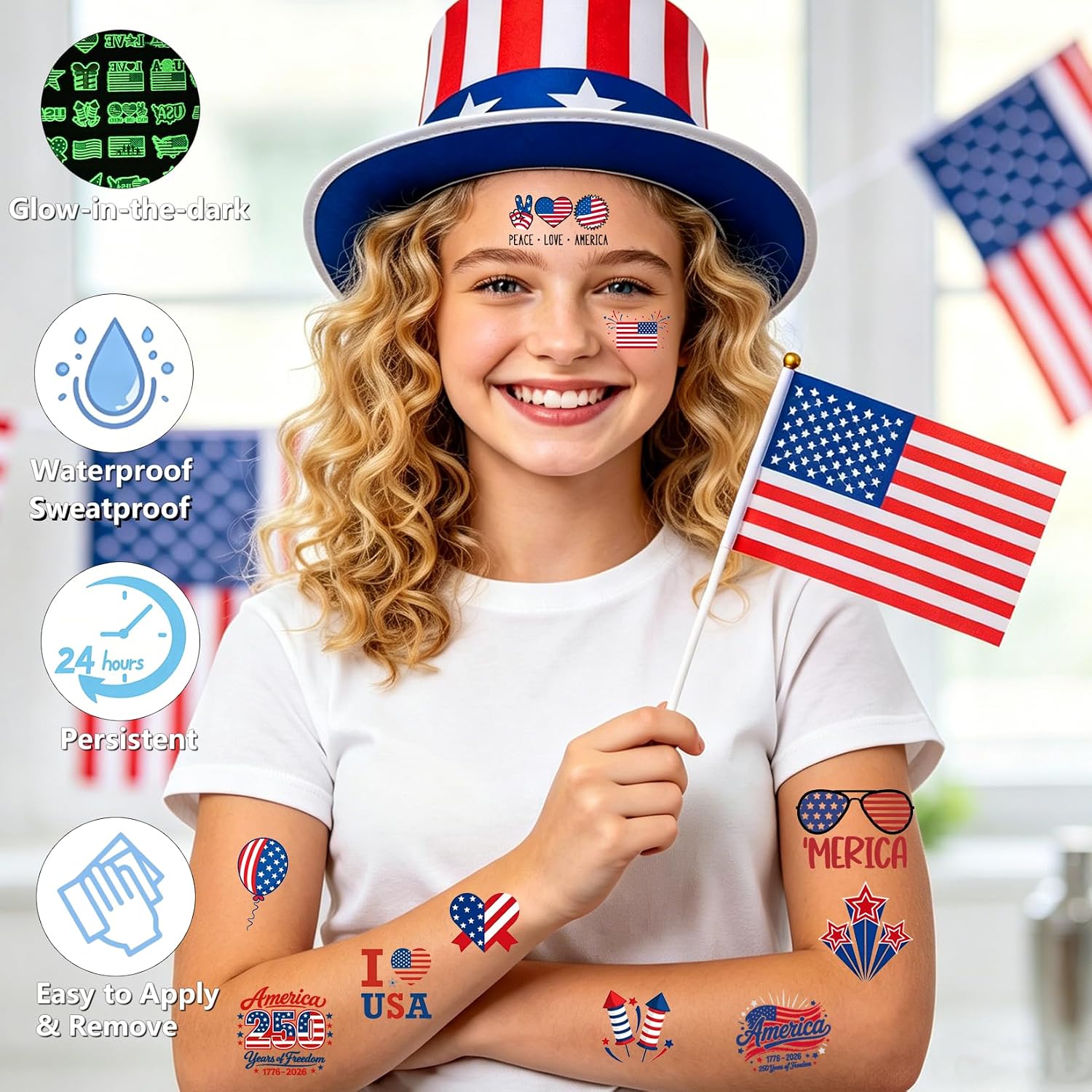 166 Pcs 4th of July Tattoos for Kids Luminous 4th of July Tattoos Temporary Glow Accessories American Flag Patriotic Tattoo for 250 Anniversary Usa Merchandise Party Favors Decorations (Tattoo166)