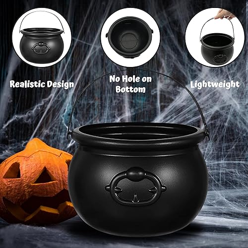 Miniatura 8 de Caldero de plástico de Halloween de 7.5 pulgadas, cuenco de caramelo negro, cubo grande de caldero de bruja para decoraciones de Halloween, soporte