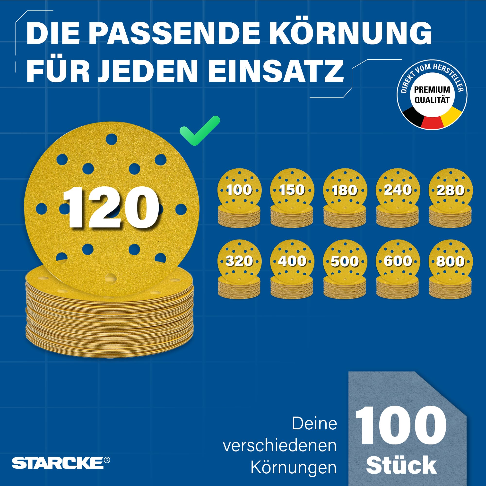 STARCKE® Schleifscheiben 150mm Klett - Langlebig - MADE IN GERMANY [50x/100x] - 15-Loch Exzenterschleifer 150mm Schleifscheiben - für Holz, Farbe, Lack, Spachtel, Kunststoff (P120,100x)
