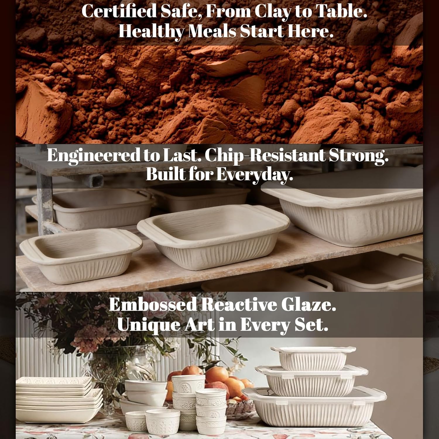 Artena Casserole Dishes For Oven, Ceramic Baking Dish, Large Lasagna Pan With Handles, Baking Pan Casserole Dish, Rectangular Bakeware Deep, White, Set Of 3 (5.1Qt/2.3Qt/1.1Qt) (Baking Dish With Lids) - Image 6