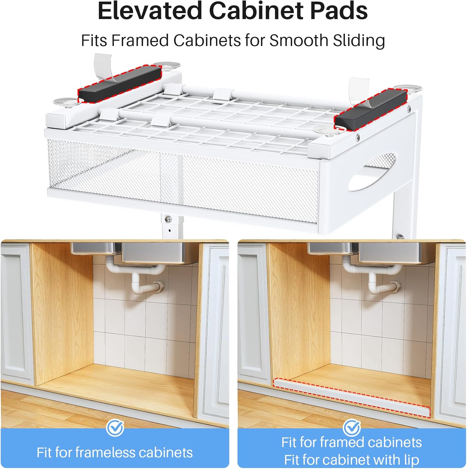 Under Sink Organizer, 2 Pack 2 Tier Pull Out Under Cabinet Organizer Shelf with Pad for Framed Cabinets, Metal Slide Out Under Sink Storage, Mesh Sliding Drawers for Kitchen Bathroom Laundry, White - Image 3