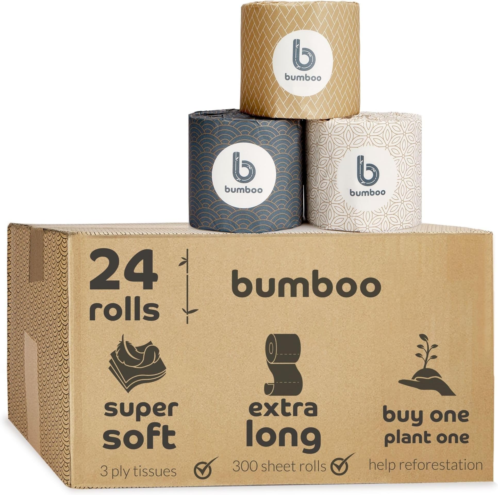 Bumboo Toilet Roll 24 Pack | Wrapped Toilet Paper 3 ply, 300 Sheets | Made from Bamboo and Tree Fibres| Plastic-Free, Soft, Strong, Eco-Friendly & Biodegradable Toilet Tissue