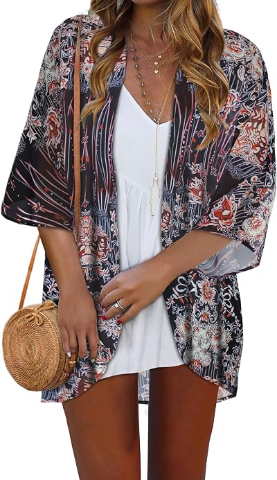Womens Tops Kimono Cardigan Chiffon Floral Print Swimsuit Beach Cover Up