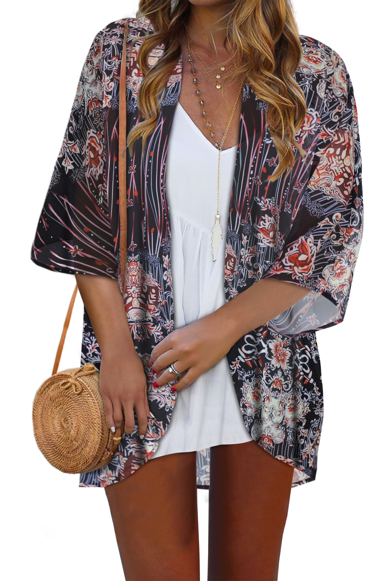 ADOREJOY Women's Tops Summer Kimono Cardigan Floral Print Puff Sleeve Swimsuit Cover Up Casual Loose Fit Blouse — view 16