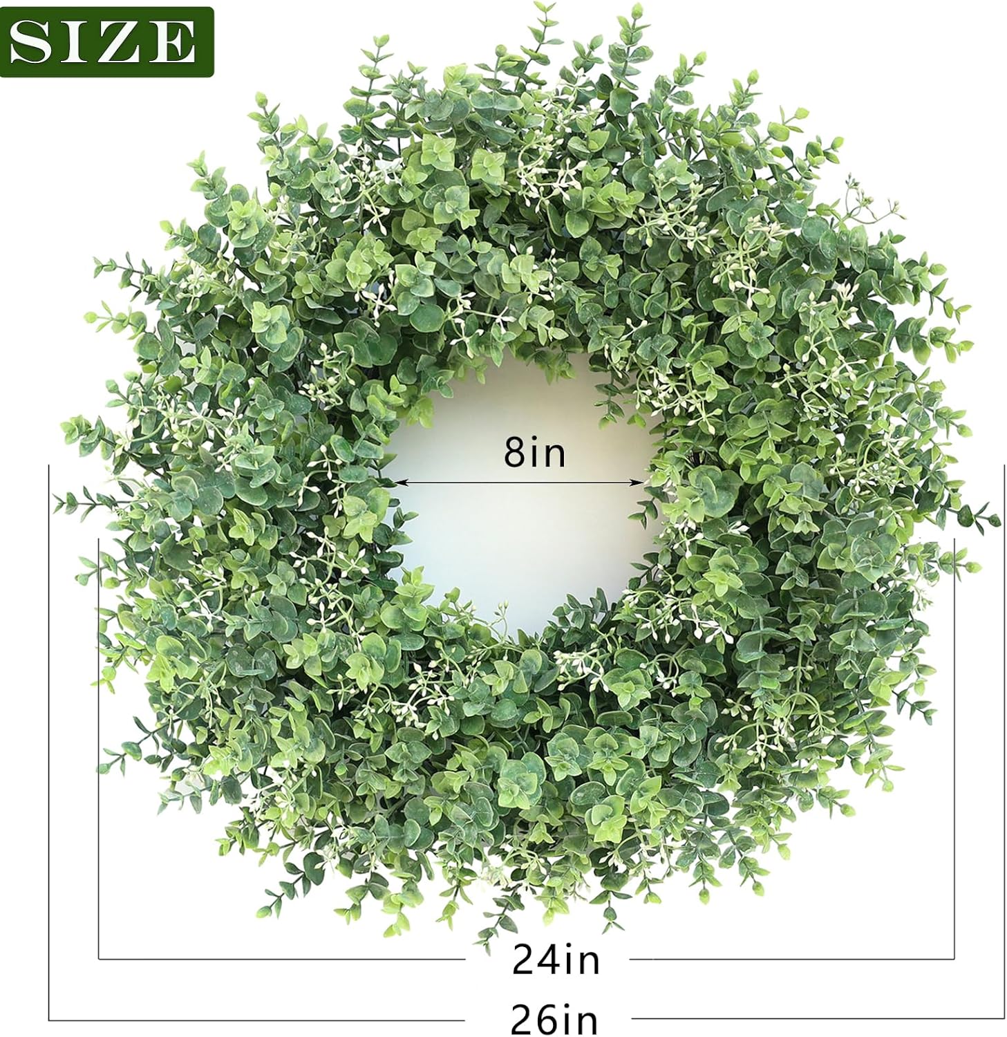 26'' Eucalyptus Wreath for Front Door - Large Artificial Eucalyptus Leaves with White Seeds Greenery Outdoor Wreath for Porch,Window,Farmhouse,Home,Hanging Decor- Spring, Summer, All Seasons (Green)