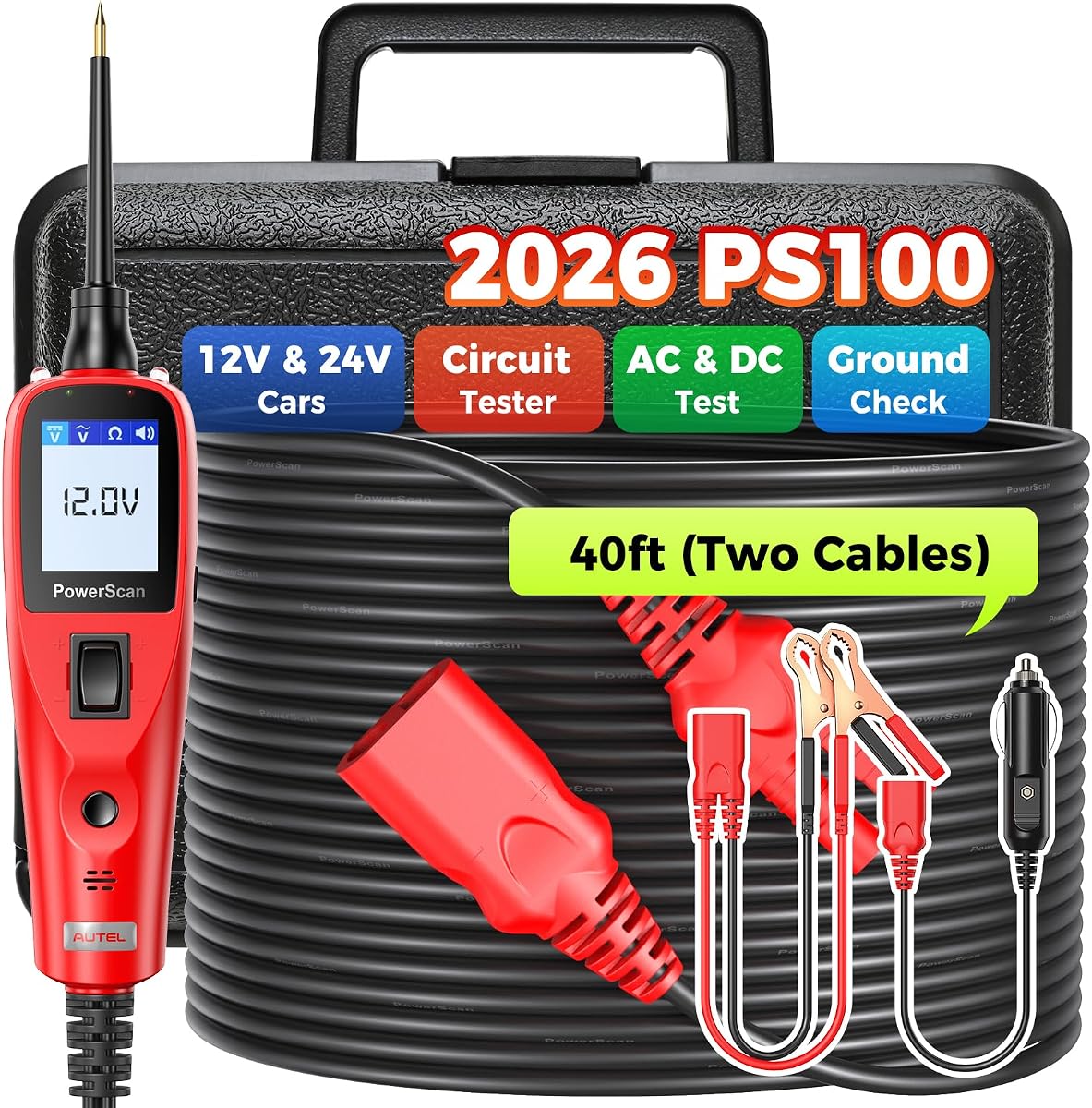 Autel PowerScan Probador de circuitos para automóvil de 12-24 V, sonda de alimentación, buscador corto/abierto | Cable de extensión de 40 pies, activación de componentes, prueba de relés y fusibles, prueba de voltaje CA/CC, medición de resistencia, prueba de ciclo de trabajo