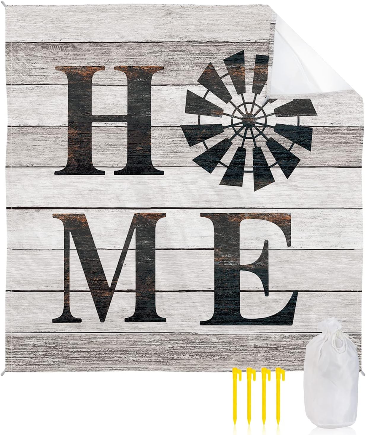 Rustic Farm Windmill Home Quotes Beach Blanket Waterproof Sandproof Outdoor Picnic Mat 83"x79" Chic Wooden Plank Lightweight Large Beaach Blankets with 4 Stake & 4 Corner Pockets