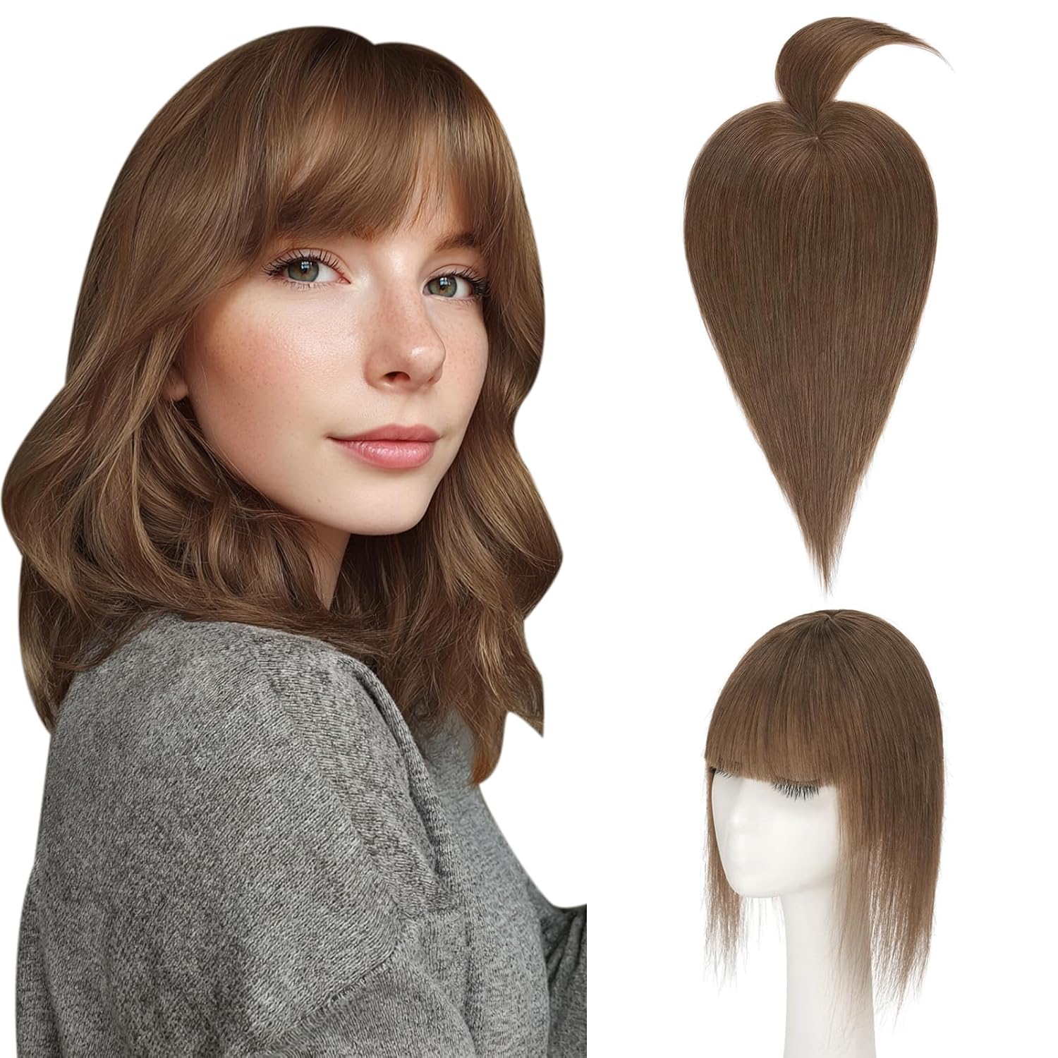 Hairro Mono Hair Toppers with Bangs, 3.4" x 3.4" Mono Base 100% Real Human Hairpieces for Women, 150% Density Clips In Topper for Greyish Thinning Hair, 10 Inch Medium Brown