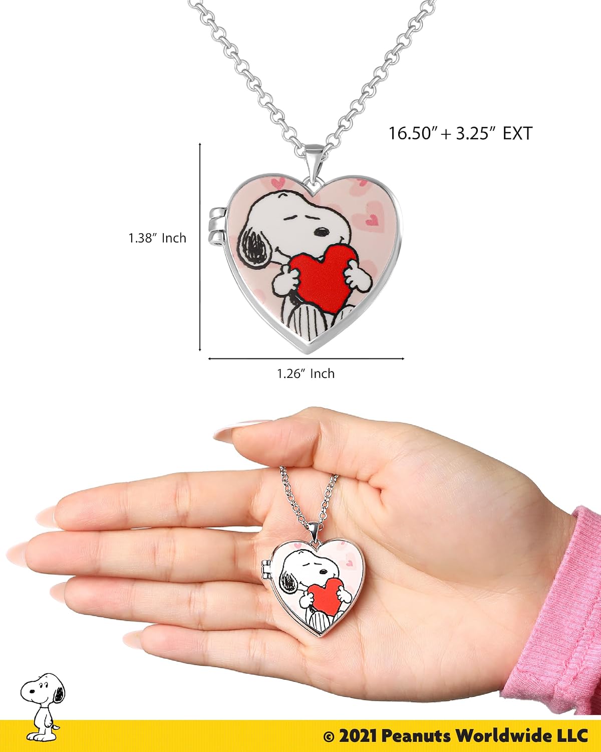 Peanuts Woodstock and Snoopy Necklace for Women Official License, 16"+3.25" Heart Locket