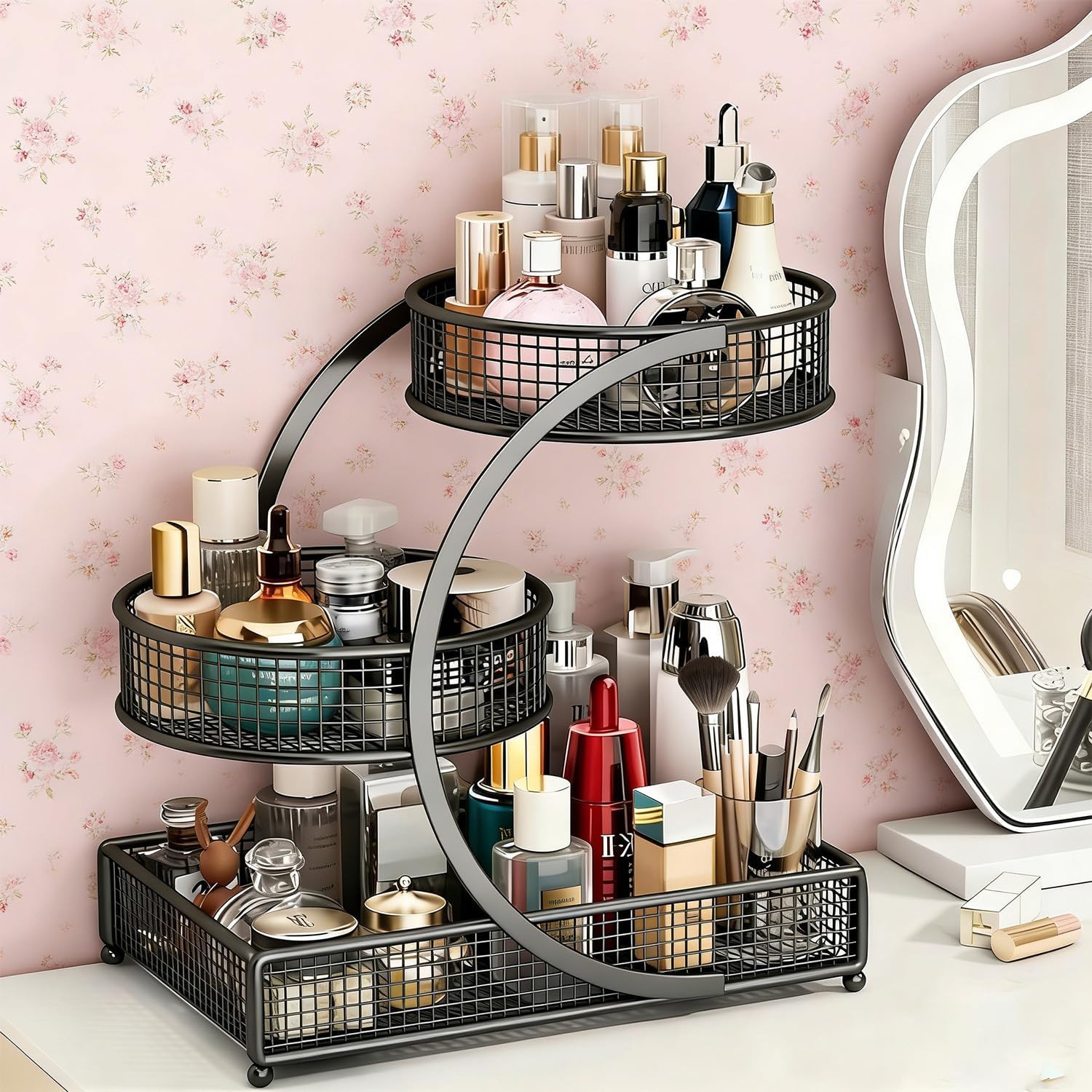Makeup Organizer Countertop for Vanity, 3 Tier Metal Bathroom Countertop Organizers Skincare Storage Holder Perfume Cosmetic Display, Multi-Use Storage Rack for Bedroom & Kitchen (Black(Round))