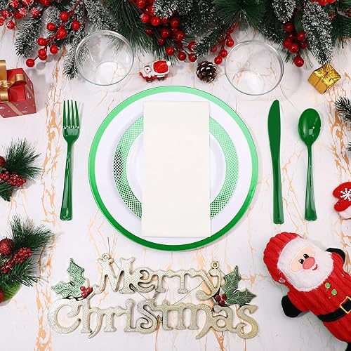 Miniatura 3 de Yaomiao Juego de 350 platos desechables de Navidad con adornos para fiestas de Navidad, vajilla de plástico 90Z, cuchillos, tenedor, cuchara,