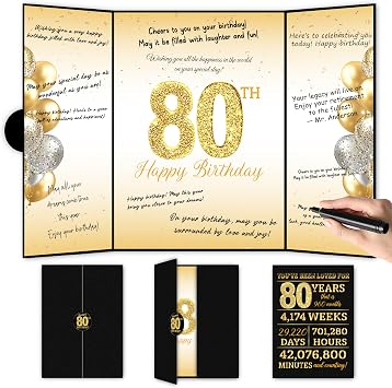 Black Gold 80th Birthday Party Decorations, Happy 80th Birthday Guest Book for Men Women 80th Birthday Signature Guest Book