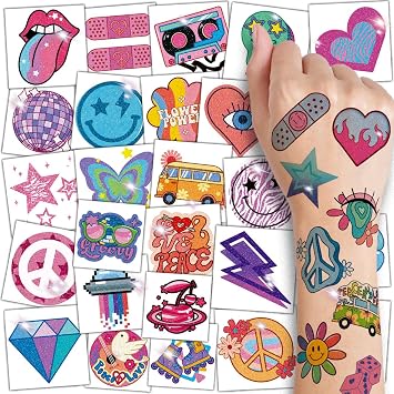 CHARLENT Glitter Groovy 70s Temporary Tattoos for Kids | 74 Individually Sheets Sparkly Hippie Retro Flower Power, Smiley Decorations Tattoos Stickers for Boys Girls Party Supplies