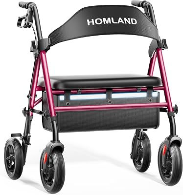 HOMLAND Bariatric Walkers for Seniors with Seat, 500lb Heavy-Duty Rollator | 19.7" Extra Wide Padded Seat, Easy to Assemble, Foldable Rolling Walker with Height Adjustable, 8" All Terrain Wheels