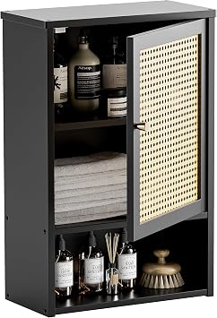 HITNET Wall Cabinet, Rattan Medicine Cabinet Over the Toilet with Adjustable Shelf, Space Saving Bathroom Hanging Storage for Small Space, Black