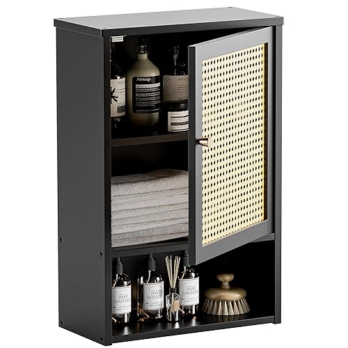 HITNET Wall Cabinet, Bamboo Medicine Cabinet with Single Rattan Door