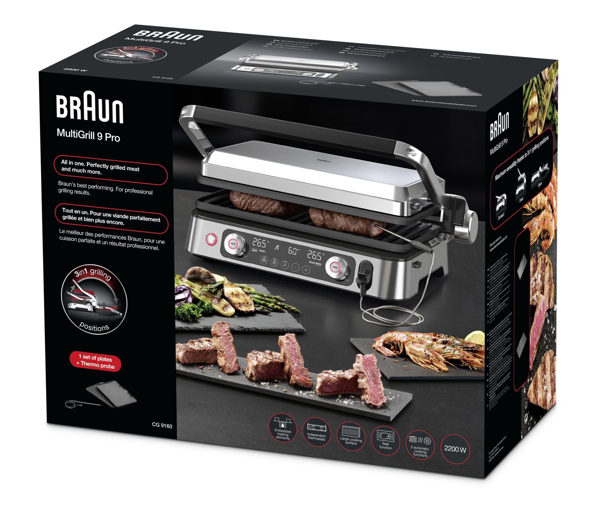 Braun MultiGrill 9 Pro CG 9160, Plancha Eléctrica con 2 Termostatos Independientes, 3 Posiciones de Cocinado, Placas Lavables en Lavavajillas, Sonda Térmica Integrada, 2200 W, Negro/Acero Inoxidable