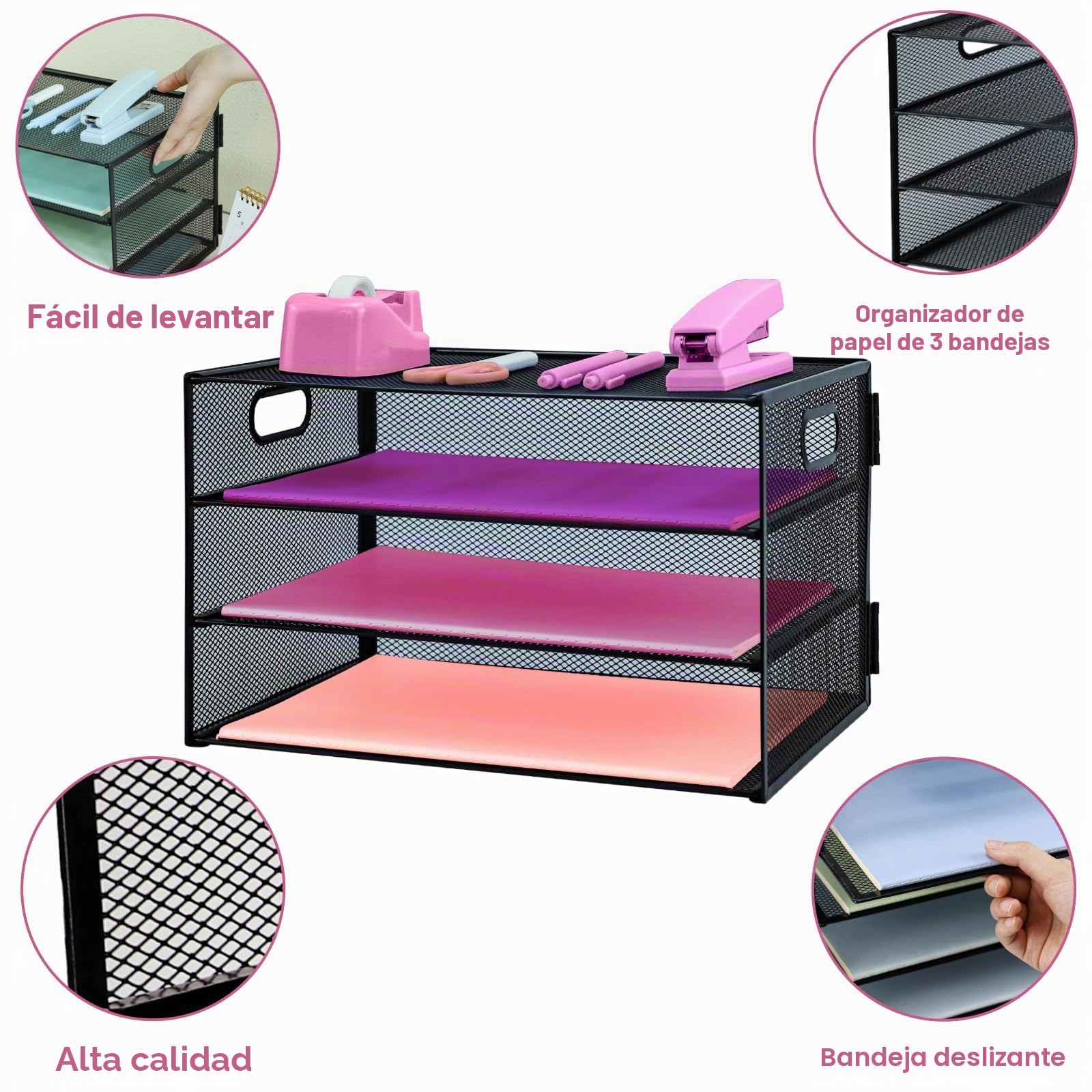 Organizador de archivos de escritorio de malla de 3 niveles, organizador de bandeja de cartas de papel, almacenamiento de escritorio de malla con bandejas deslizantes para suministros del