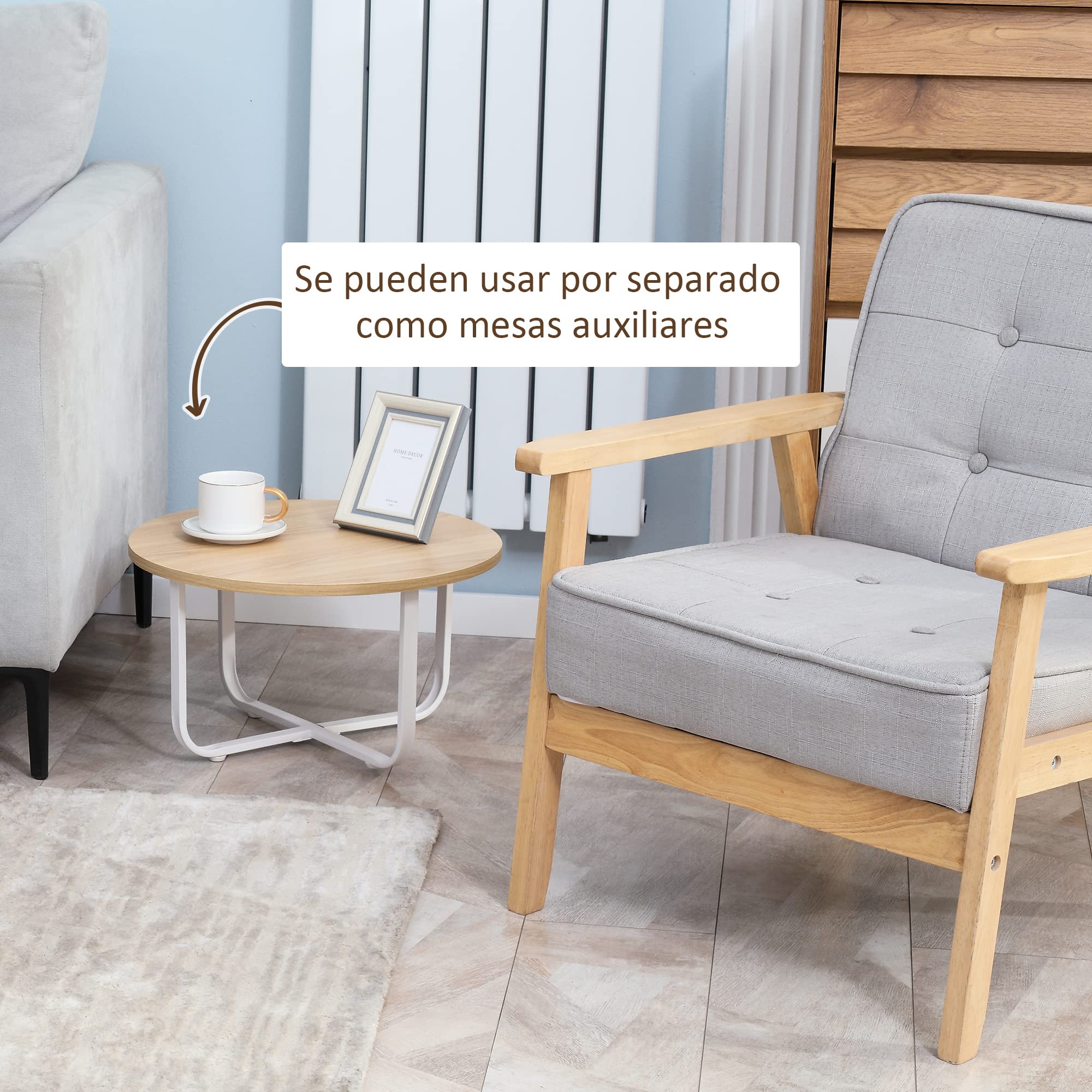 HOMCOM Juego de 2 Mesas de Centro Ø65x32 cm y Ø45x26 cm Natural y Blanco | Mesas de Salón Redondas, Encimera de Madera, Patas de Metal, para Domitorio
