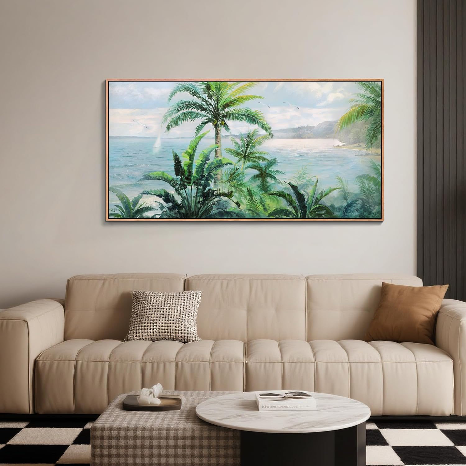 Anolyfi Framed Wall Art Palm Tree Picture Tropical Wall Decor for Living Room, Large Canvas Wall Art Painting Nature Seascape Artwork for Bedroom Kitchen Hallway Office Home Decor, 58"x29"