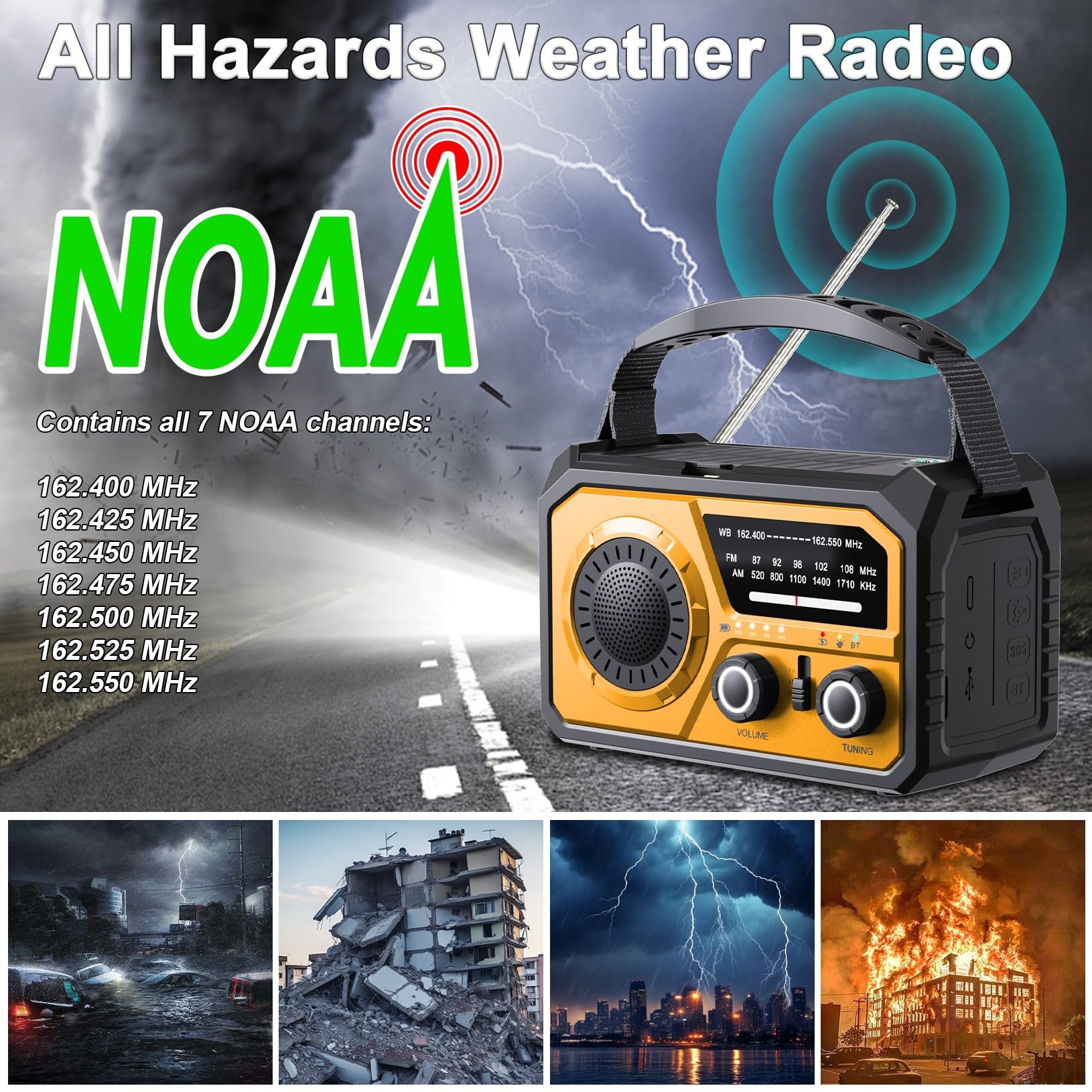 Radio pogodowe z korbą ręczną 16000 mAh z bezprzewodowym głośnikiem, 59200 mWh NOAA AM FM, radio solarne z latarką, ładowarka do telefonu komórkowego, lampa do czytania, kompas SOS, na kemping i