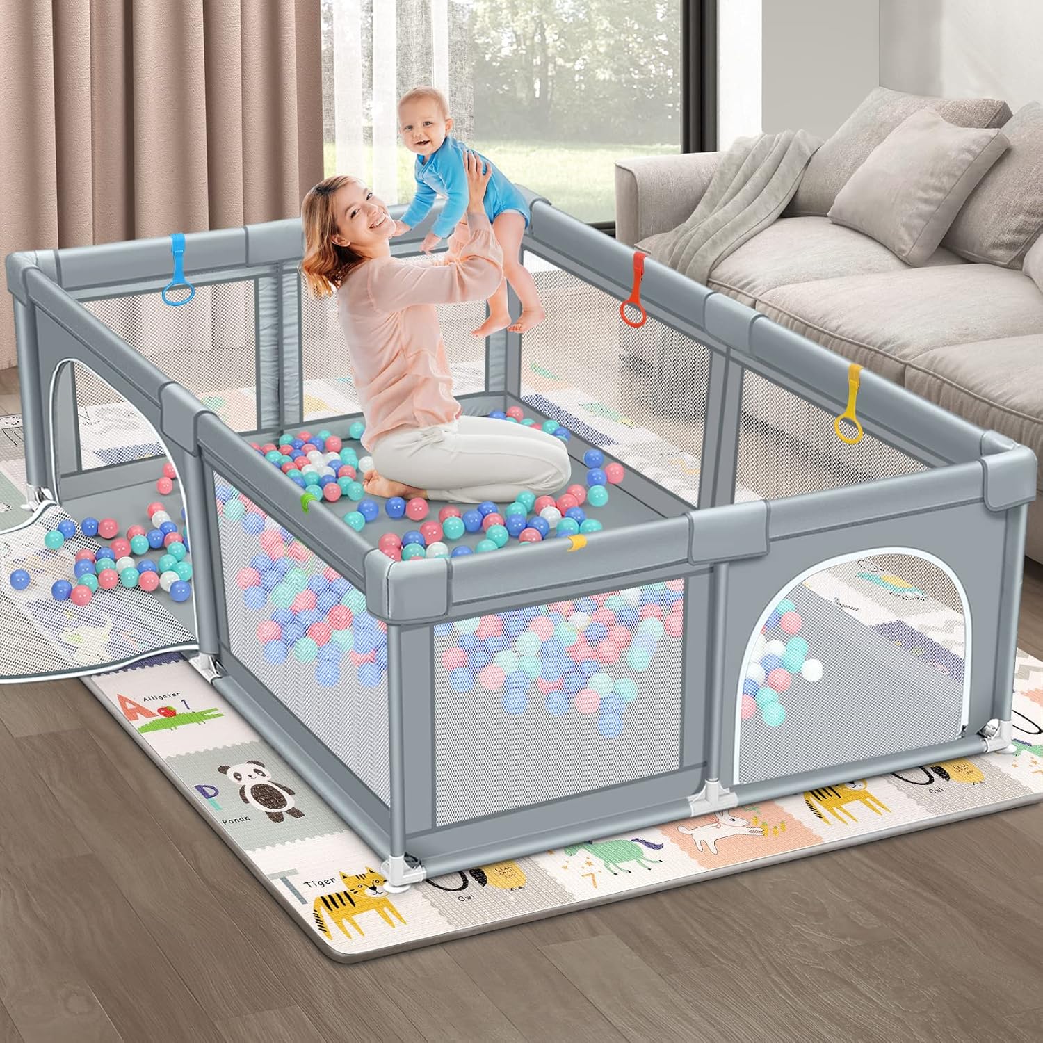 Dripex Baby Playpen, Large Baby Playards with Zipper Gates, Kids Play Pen, Safe No Gaps, See-Through mesh, Play Pens for Babies and Toddlers, Baby Gate Playpen, Baby Fence (Grey 79 * 59 inch) : Baby