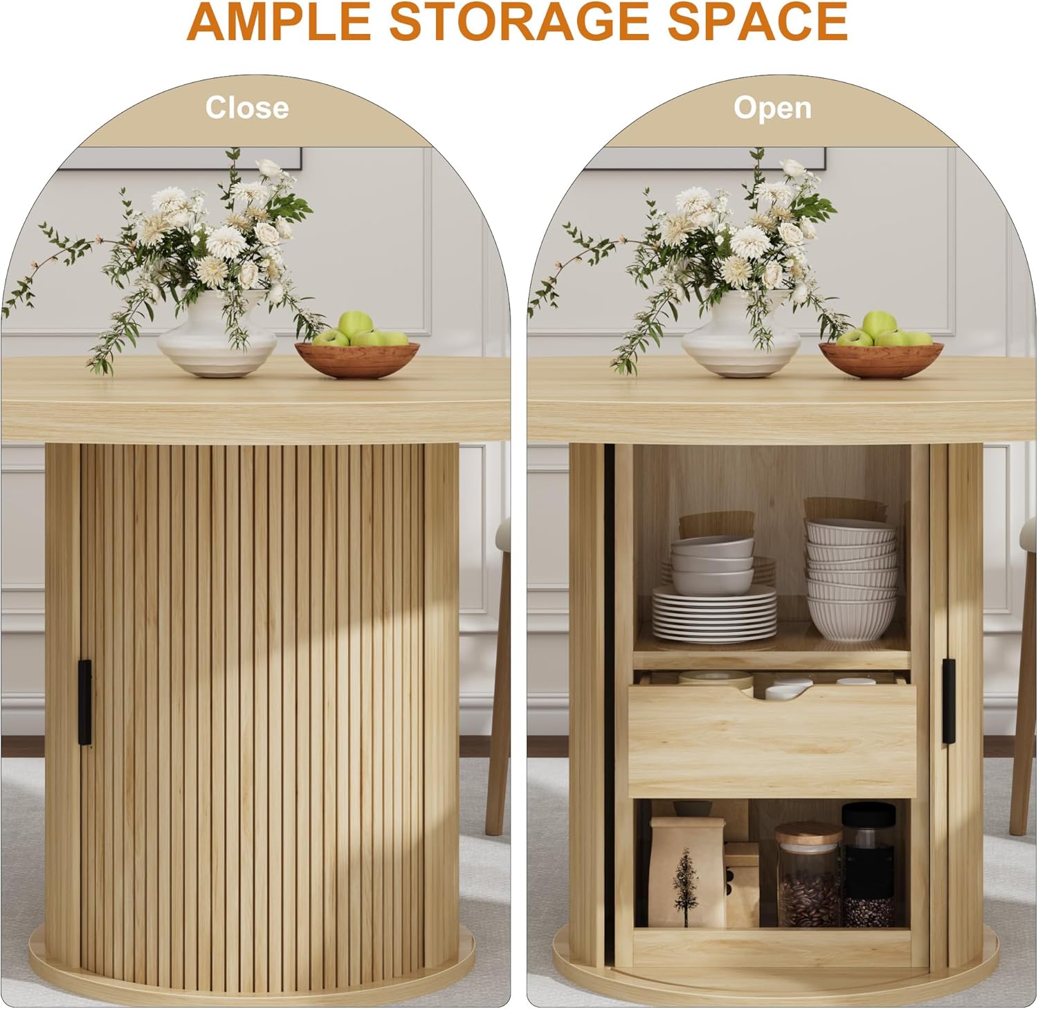 IDEALHOUSE 47" Round Dining Table for 4-6, Modern Farmhouse Kitchen Table with 2-Layer Storage Shelf & Drawer, Wooden Circle Dining Tables with Fluted Pedestal Base, Natural