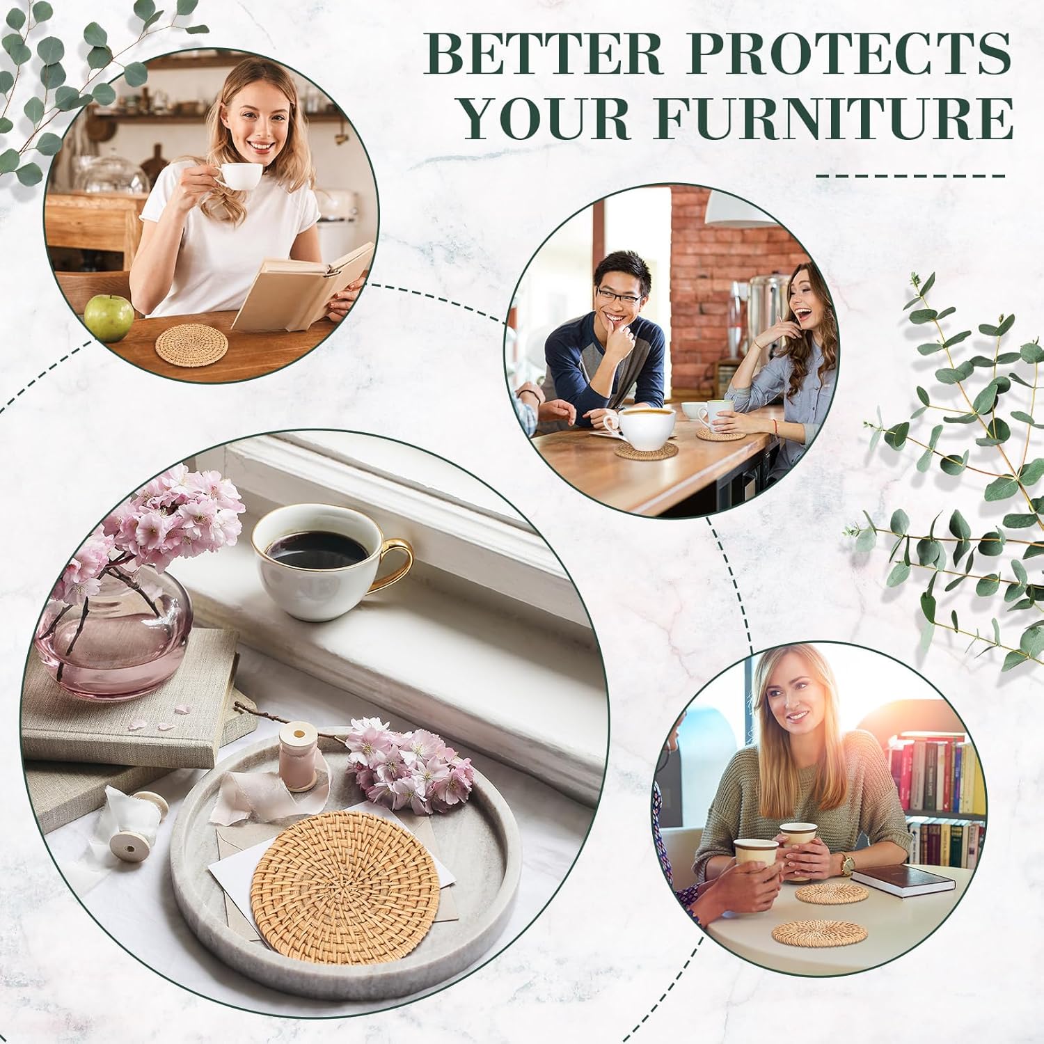 Hushee 12 Pcs Handmade Rattan Coasters with Holder Woven Natural Wicker Boho Coasters Set Heat Resistant Drink Woven Hot Pads for Cup Base Table Home Decoration - Image 5