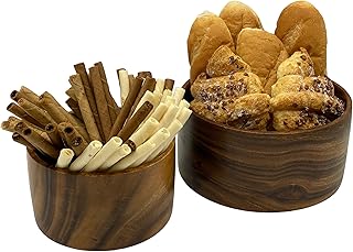 Round Wood Serving Bowl Set of 2, Durable Solid Acacia Wooden Bowls for Food, Condiment Storage, Salad, Snack, Nuts, Bread, Popcorn, Cylindrical Hand Turned, Bowl Size: 8" x 4" & 6" x 3.5"